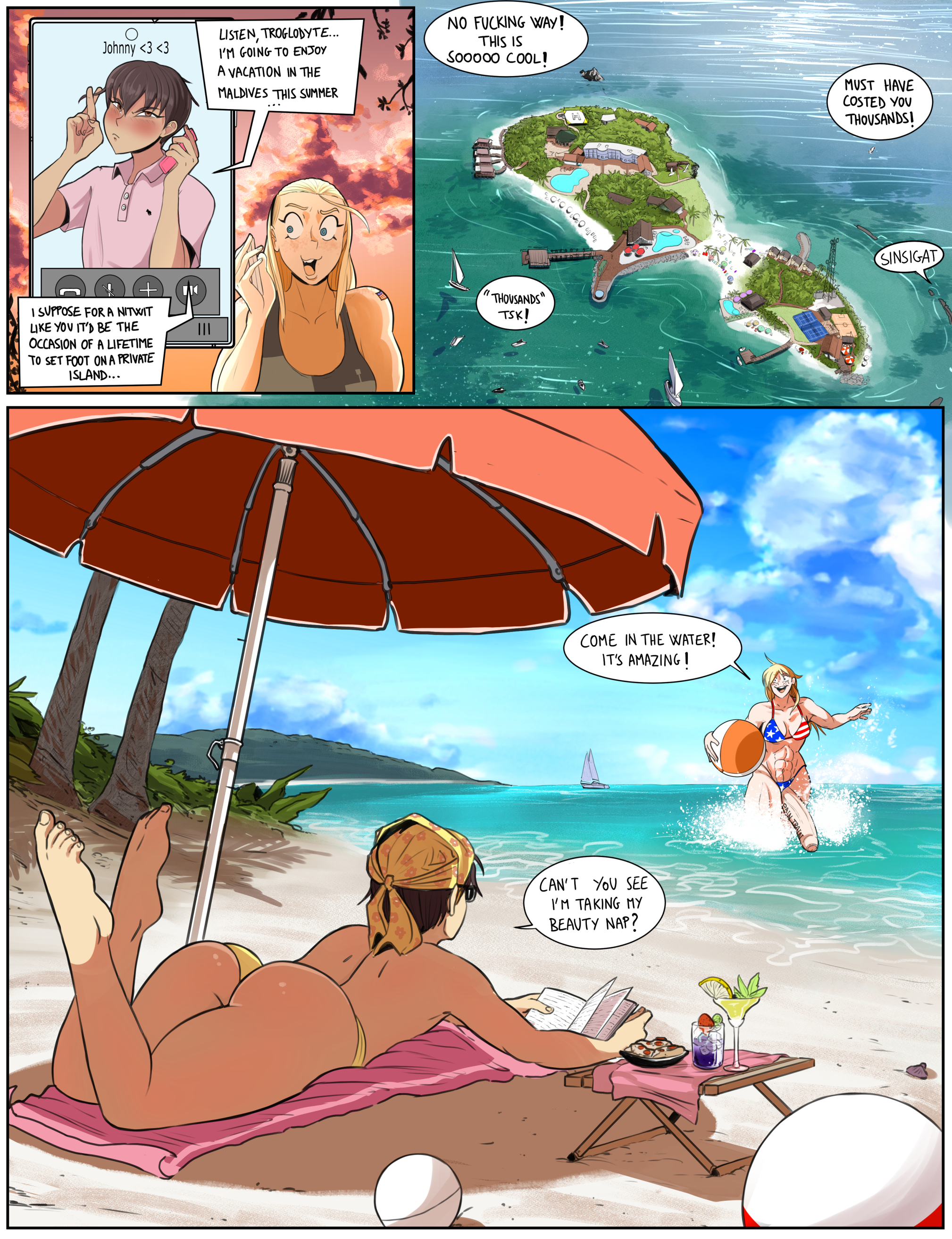 1boy, 1futa, abs, american flag, american flag bikini, ass, beach, beach ball, blonde hair, breasts, brown hair, clothed, clothing, femboy, futanari, huge cock, huge penis, human, jonathan (sinsigat), light skin, male, mostly nude, outdoors, penis, ripley (sinsigat), sinsigat, twink