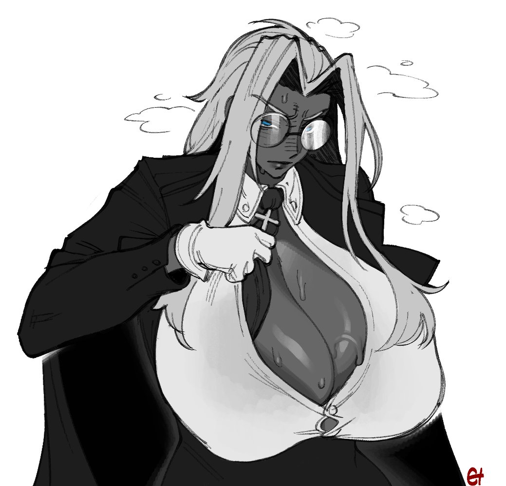 1girl, 1girls, adjusting necktie, blue eyes, british female, button down shirt, cleavage, collar, dark skin, dark-skinned female, eigaka, european female, female, furrowed brow, glasses, gloves, hellsing, hellsing ultimate, huge breasts, indian female, integra hellsing, jacket, lapels, long hair, monochrome, necktie, nipple bulge, solo, straining buttons, straining clothing, sweat, unbuttoned, unbuttoned shirt, white gloves