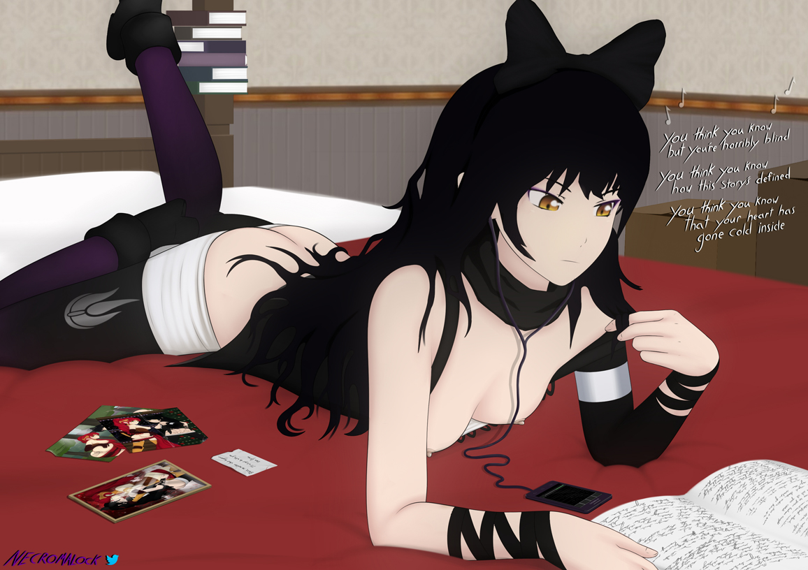 ass, black hair, blake belladonna, breasts, female, listening to music, necromalock, pyrrha nikos, rwby, stripping, tagme, yellow eyes