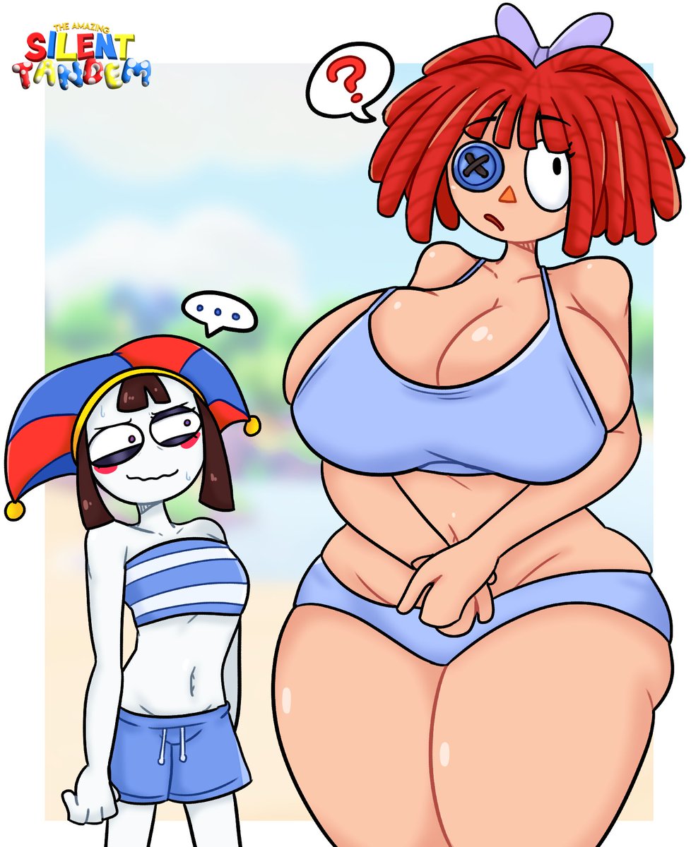 2026, 2girls, beach, big breasts, bow, brown hair, brown-haired female, button eye, doll girl, glitch productions, gooseworx, hands together, huge breasts, jester, jester girl, jester hat, large breasts, nervous sweat, pomni, pomni (beach outfit), pomni (tadc), pomni (the amazing digital circus), question mark, ragatha, ragatha (beach outfit), ragatha (tadc), ragatha (the amazing digital circus), ragdoll, red hair, red-haired female, silenttandem, sweat, swimming trunks, tagme, the amazing digital circus, thick thighs, triangle nose, tube top, wide hips, yuri