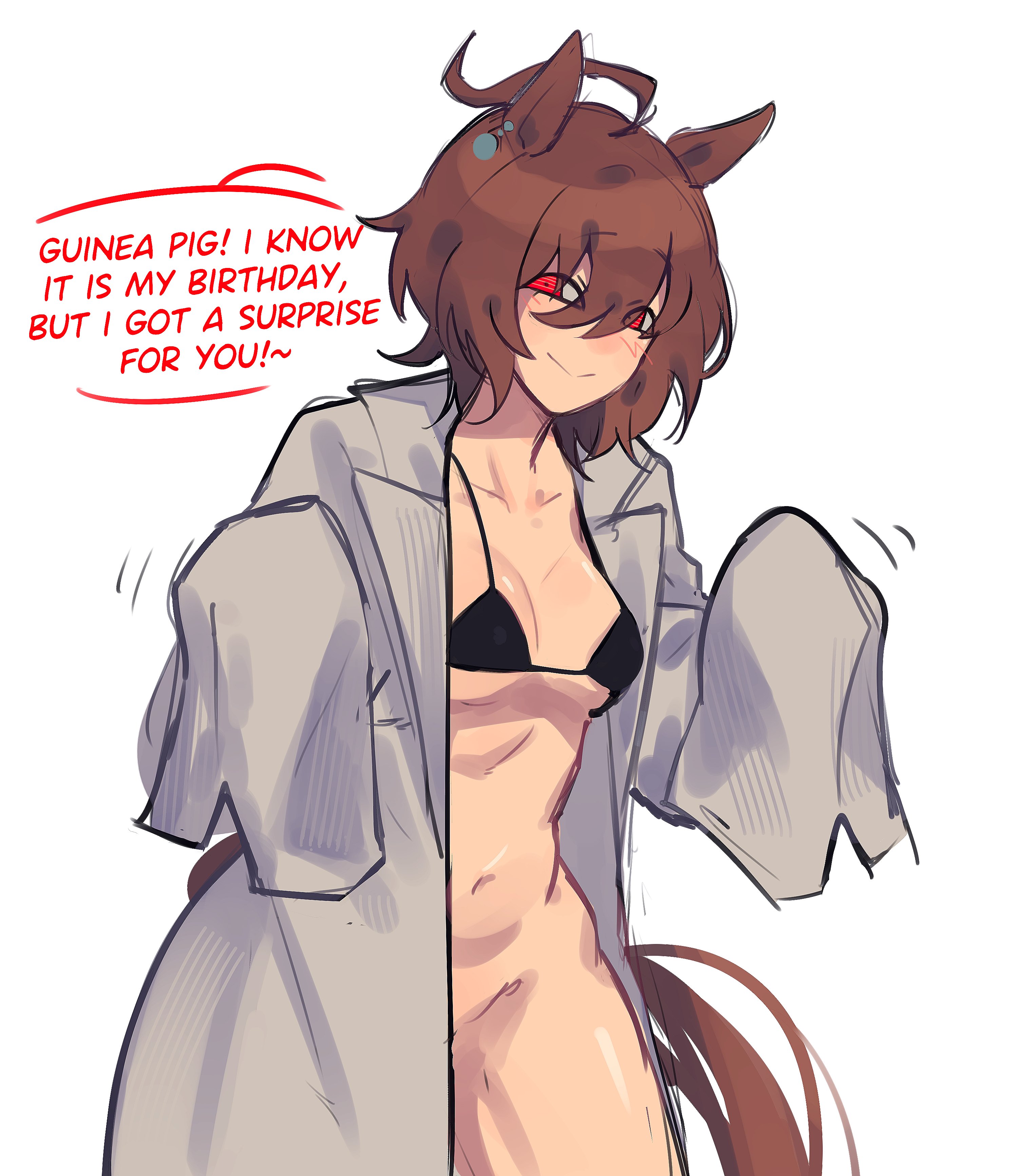 :>, 1girls, 2ockyourdoors, agnes tachyon (umamusume), animal ears, bangs, bikini top, black bikini top, blush, bottomless, bottomless female, bra, breasts, brown hair, brown tail, clothes, detailed eyes, english text, eyes visible through hair, hair, hair between eyes, lab coat, loose clothes, medium hair, messy hair, narrowed eyes, nude, ockyourdoors, pelvic line, red eyes, shoulder length hair, sleeves past wrists, small breasts, smile, solo, tagme (artist), tail, umamusume, white background