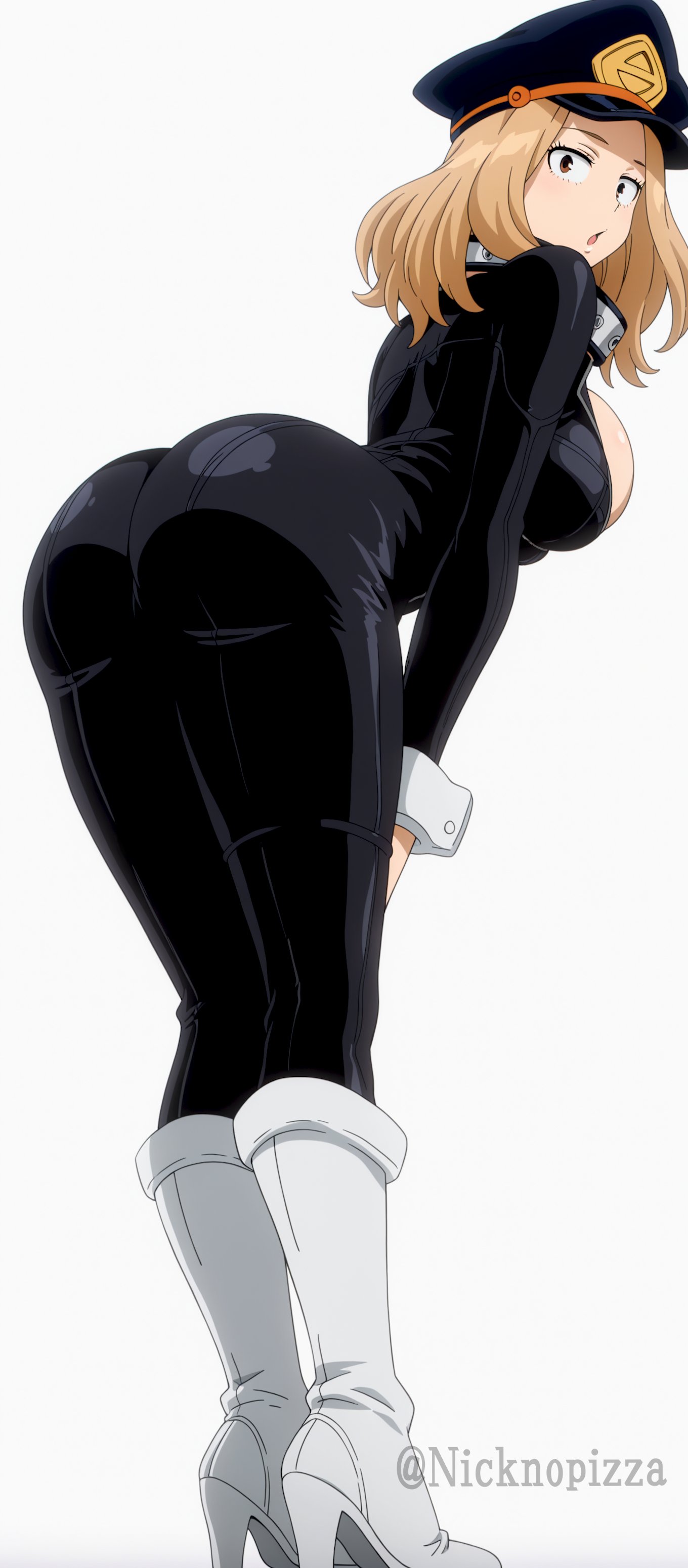 1girls, ai generated, ass, big ass, big breasts, blonde hair, blonde-haired female, bodysuit, boots, breasts, brown eyes, camie utsushimi, full body, gloves, gradient, gradient background, hat, high heel boots, high heels, knee boots, large breasts, long hair, looking at viewer, looking back, my hero academia, solo, standing, striped, white gloves