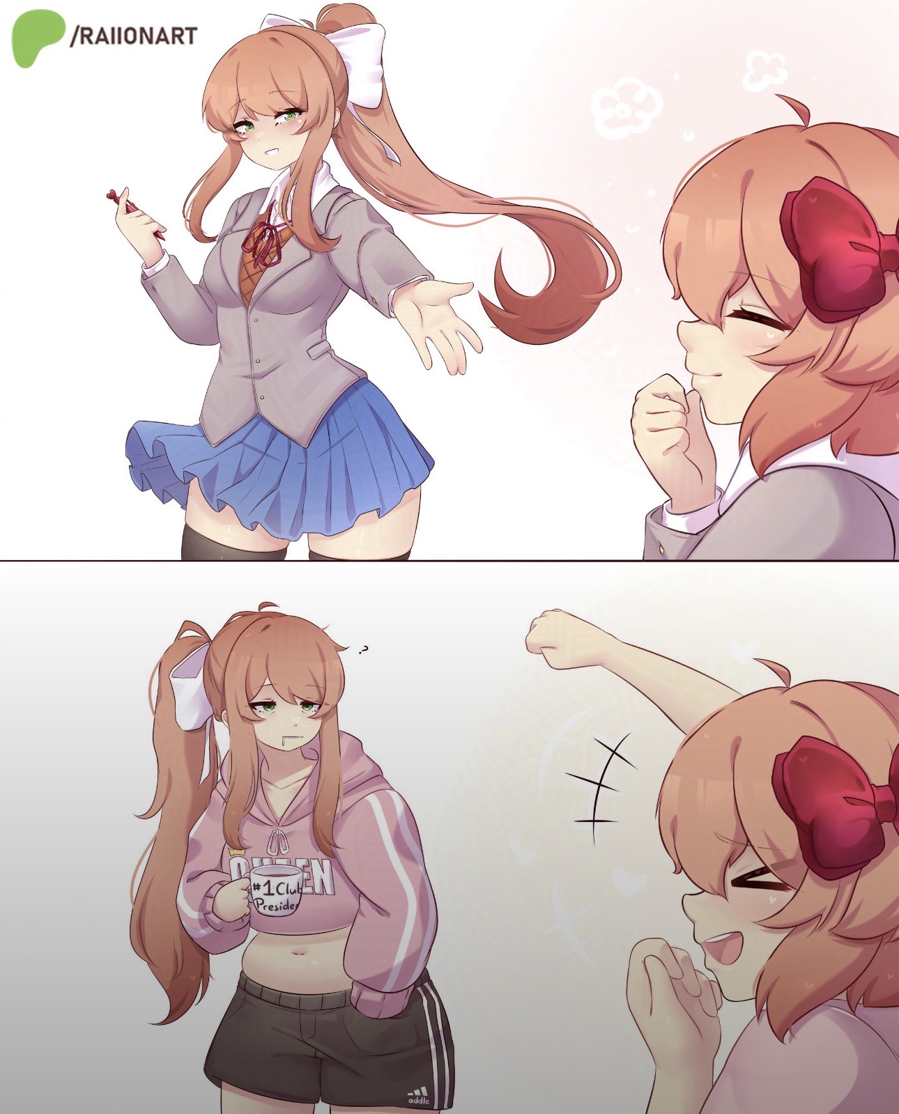 2girls, blazer, bow, brown hair, chubby, chubby female, coral pink hair, cute, doki doki literature club, drooling, hand out, hoodie, laughing, lazy, long hair, monika (doki doki literature club), pink shirt, raionart, sayori (doki doki literature club), shorts, skirt, smiling, uniform female