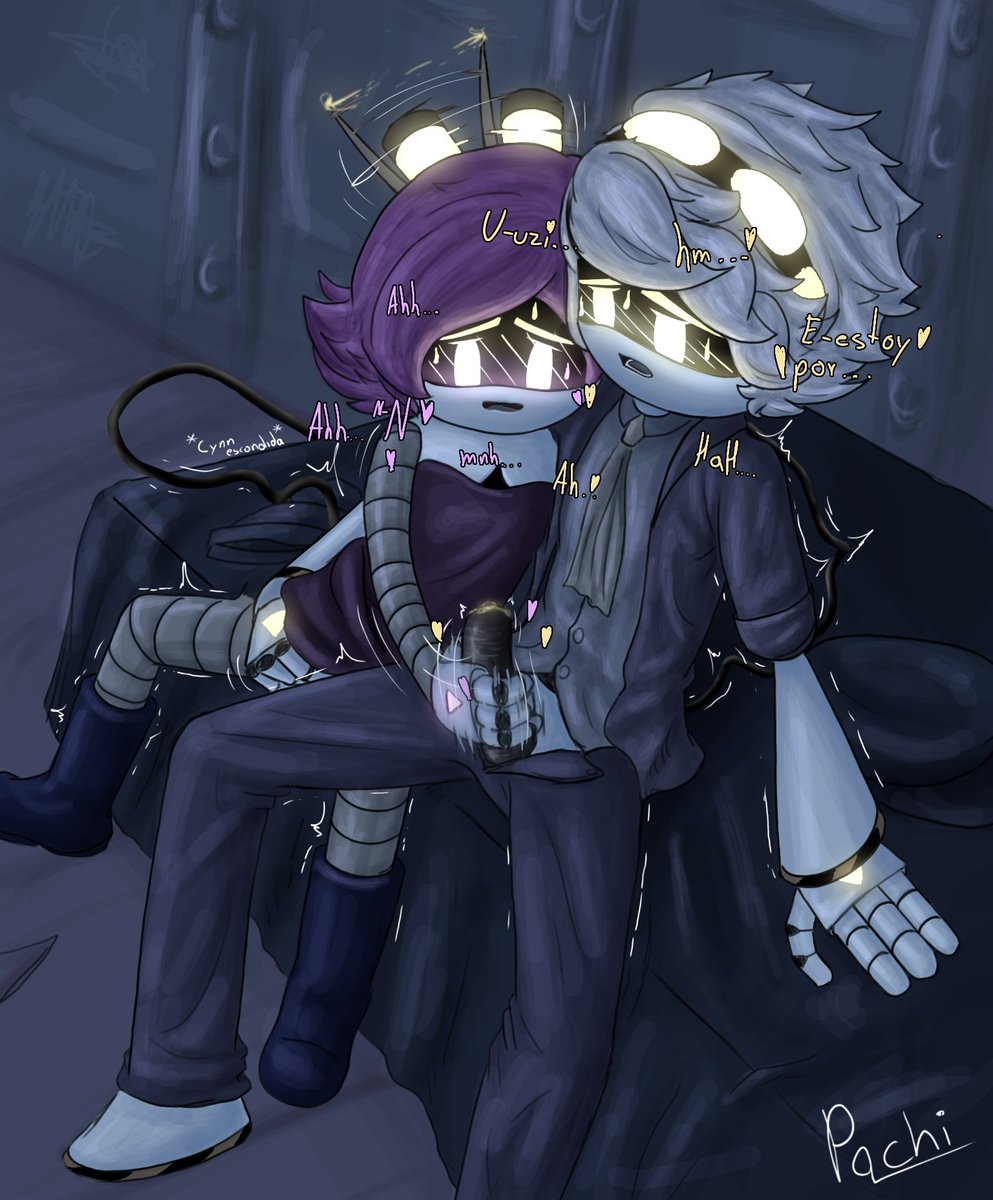 1boy, 1girls, accurate art style, bed, bedroom, dress, female masturbing male, grey hair, handjob, jerking penis, male masturbing female, male/female, murder drones, n (murder drones), pachinsfw, penis, prom dress, purple dress, purple eyes, purple hair, straight, tail, touching penis, touching pussy, uzi (murder drones), wagging tail, yellow eyes