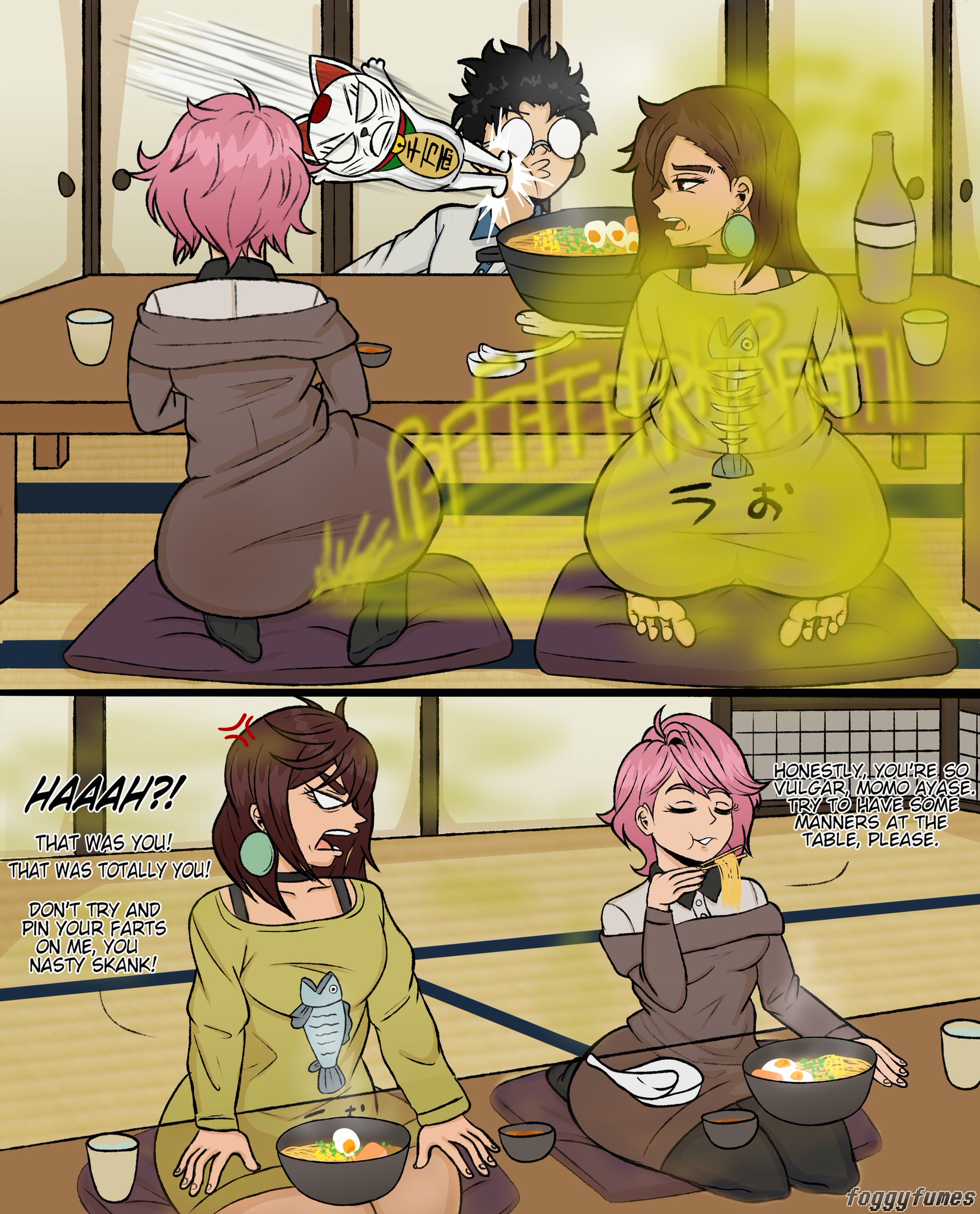 1boy, 2girls, ass, ayase momo, black hair, brown hair, brown hair female, butt, curvy, curvy figure, dandadan, fart, fart fetish, foggyfumes, gassy ass, gassy female, male, pink hair, pink hair female, ramen, shiratori aira (dandadan), short hair, short hair female, short hair male, takakura ken (okarun)