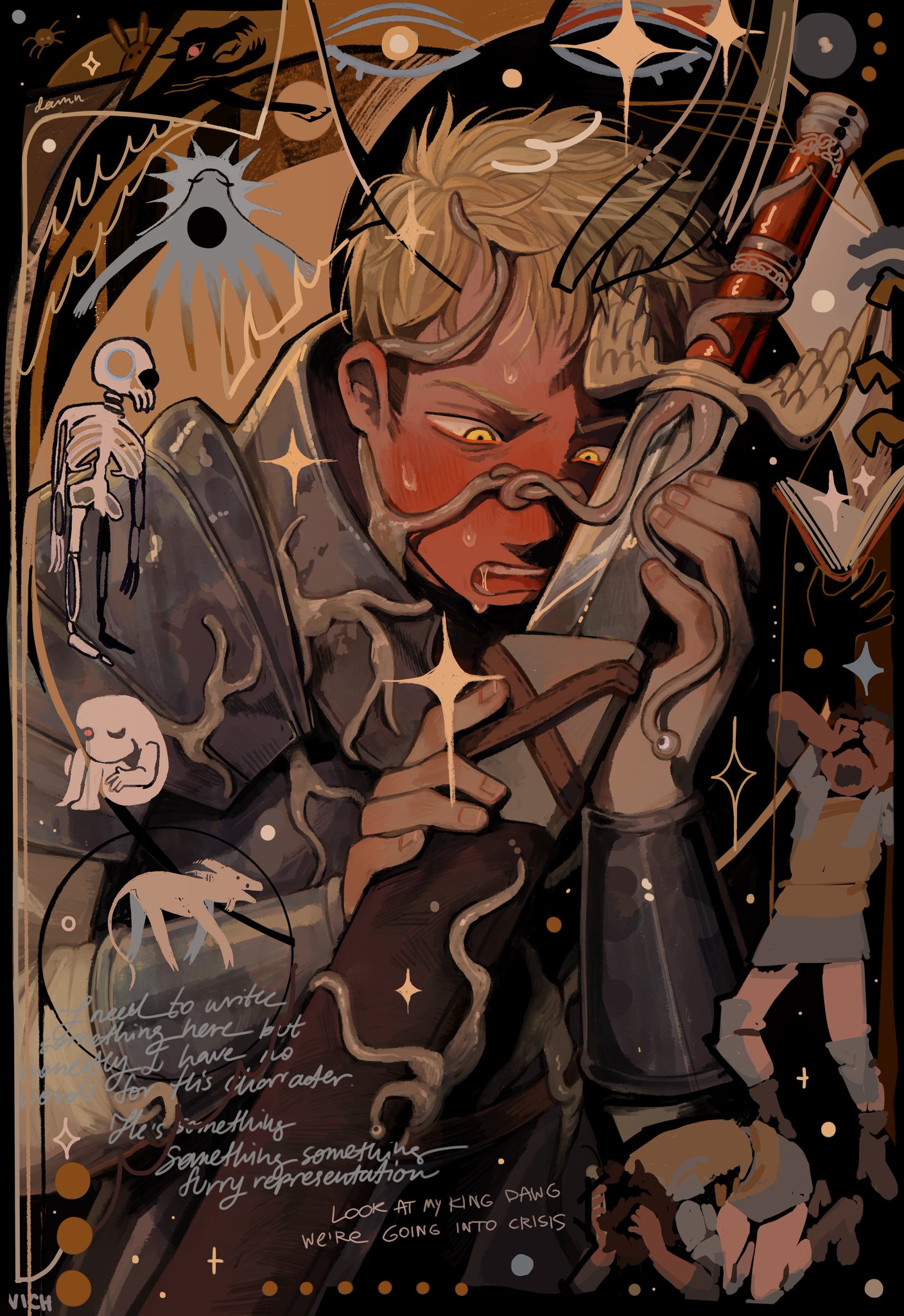 blushing, dungeon meshi, english text, kabru, kensuke (dungeon meshi), laios touden, male only, monsterfucking, skeleton, solo focus, tagme, vich, vichblen