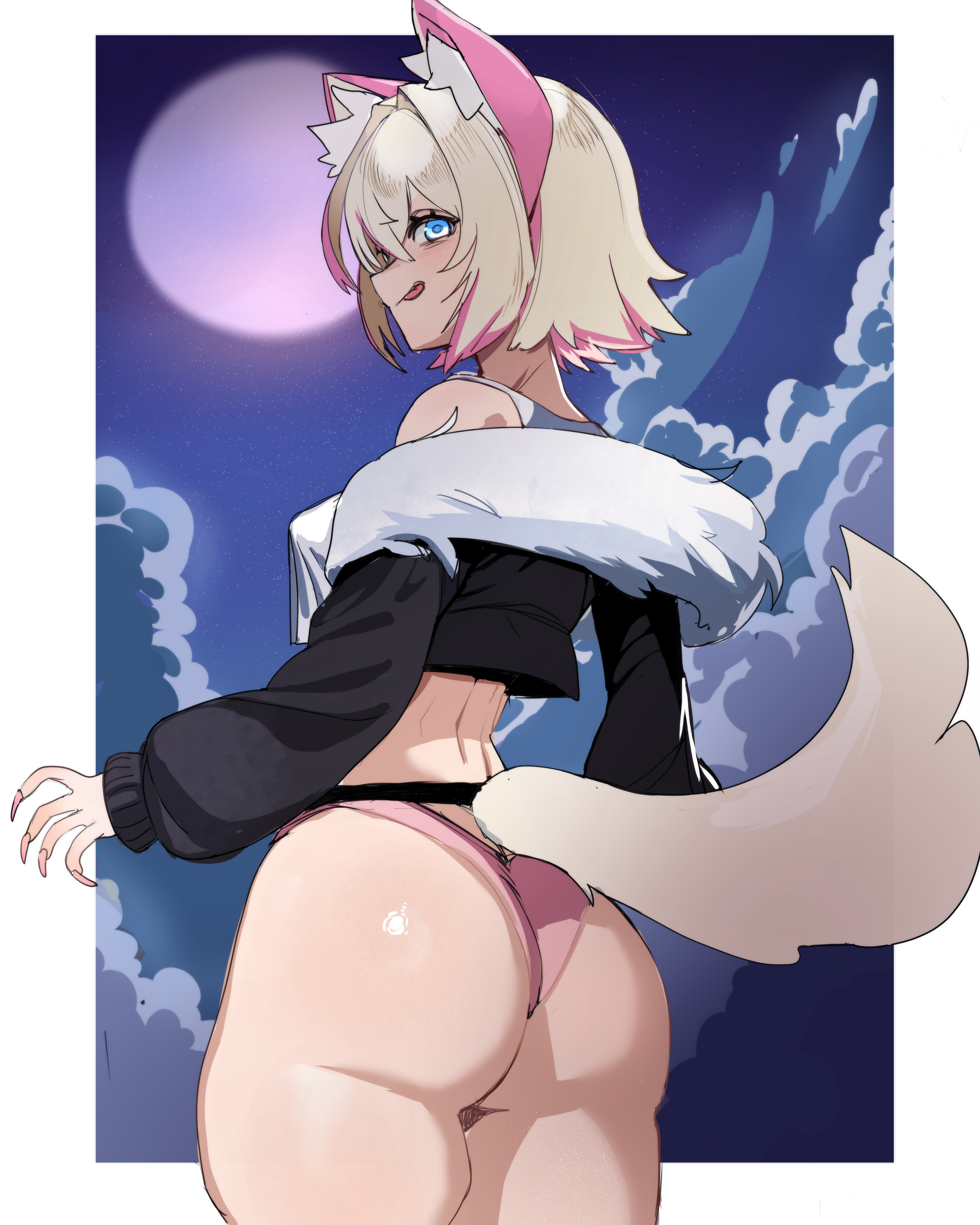 1girl, absurdres, animal ear fluff, animal ears, ass, blonde hair, blue eyes, border, breasts, covered nipples, crop top, crop top overhang, cropped sweater, female, female only, fringe trim, from side, full moon, fur collar, hair intakes, highres, hololive, hololive english, mococo abyssgard, moon, no pants, off shoulder, off-shoulder sweater, outside border, panties, perky breasts, pink hair, pink panties, sho-n-d, short hair, small breasts, solo, standing, sweater, tail, tail through clothes, thick thighs, thighs, tongue, tongue out, underwear, virtual youtuber, white border, wolf ears, wolf girl, wolf tail