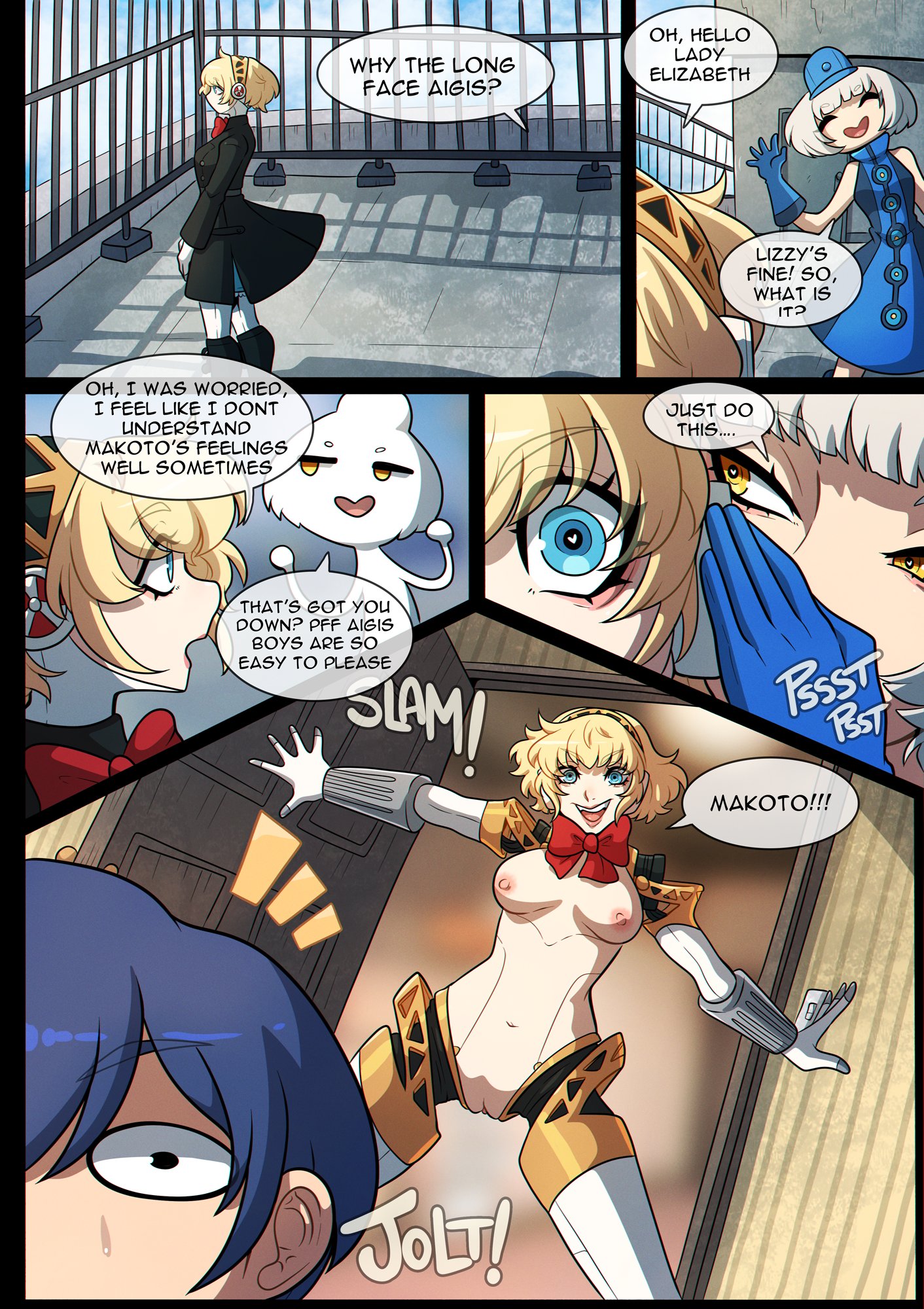 2girls, aigis (persona), areolae, breasts, elizabeth (persona), female, kinkymation, light skin, light-skinned female, makoto yuki, nipples, persona, persona 3, persona 3 fes, persona 3 reload, pussy, robot, robot girl