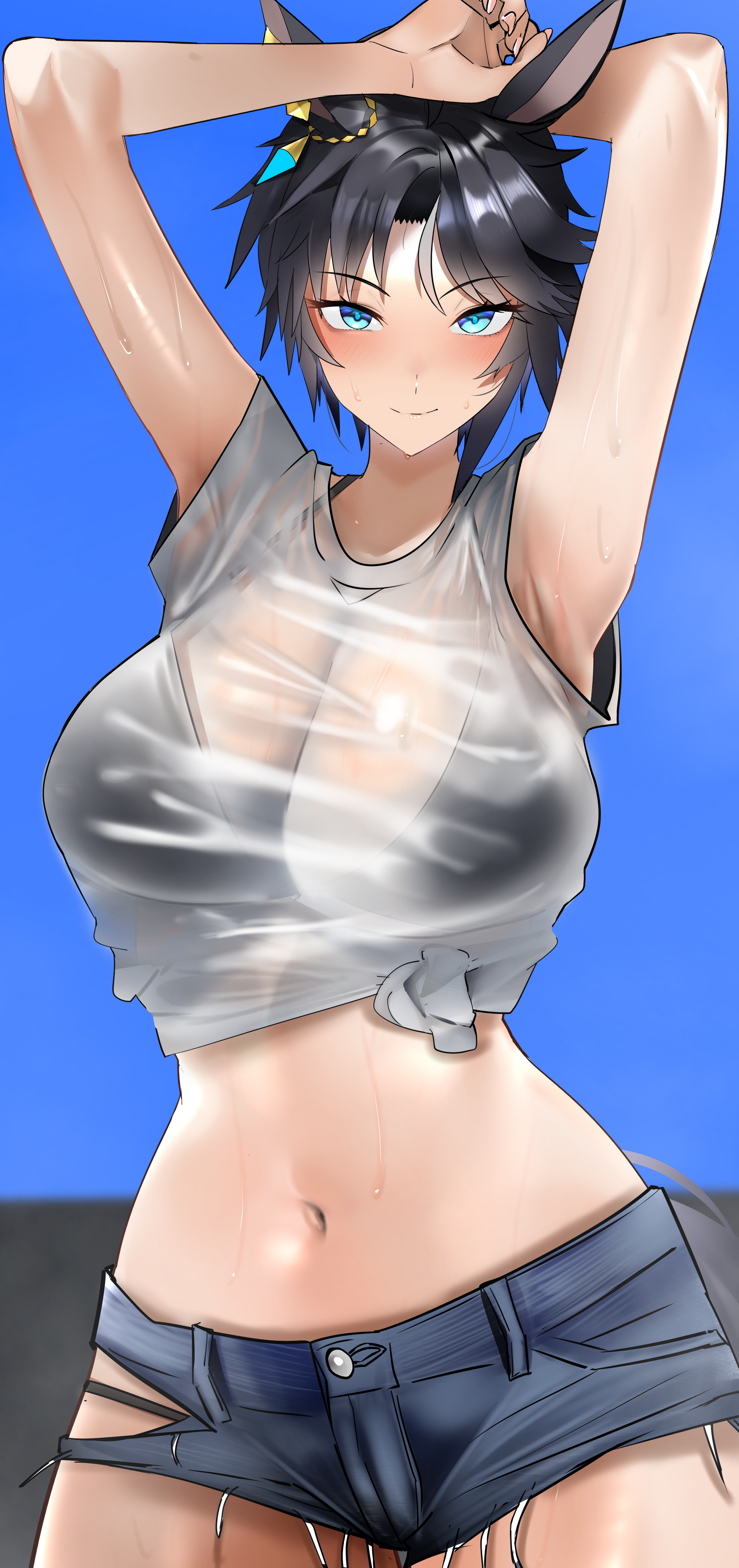 1girl, absurdres, ahoge, alternate costume, animal ears, arms up, bikini, black bikini, black hair, blue eyes, breasts, cleavage, commentary request, cowboy shot, denim, denim shorts, ear ornament, fuji kiseki (umamusume), hair between eyes, highres, horse ears, horse girl, horse tail, jitome no tsugumi, large breasts, multicolored hair, navel, outdoors, see-through clothes, see-through shirt, shirt, short shorts, shorts, solo, stomach, streaked hair, swimsuit, tail, umamusume, wet, wet clothes, wet shirt, white hair