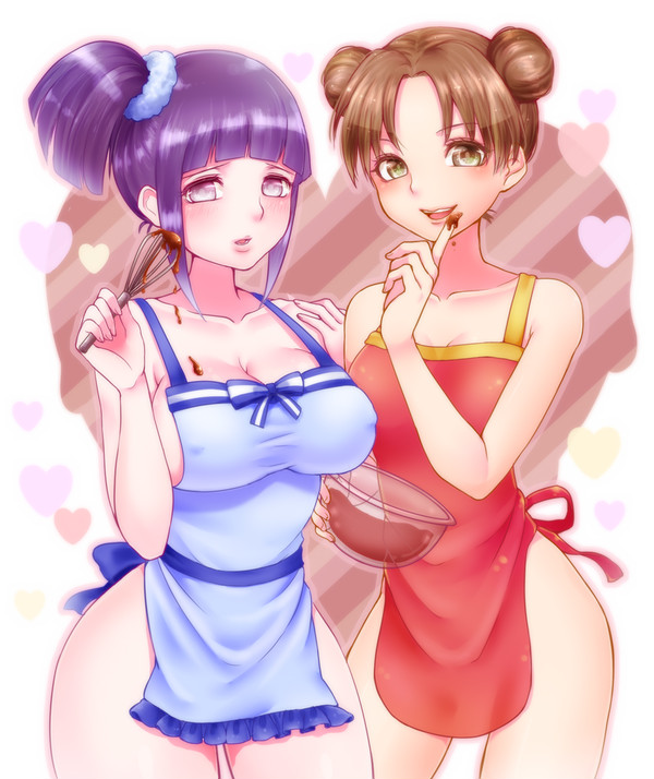 2girls, apron, artist request, ass, big breasts, blush, breasts, brown eyes, brown hair, chocolate, cleavage, cooking, female, female only, hair bun, hyuuga hinata, large breasts, looking at viewer, medium breasts, naked apron, naruto, naruto (series), naruto shippuden, nipples, ponytail, purple eyes, purple hair, scrunchie, short hair, sideboob, tenten, thighs