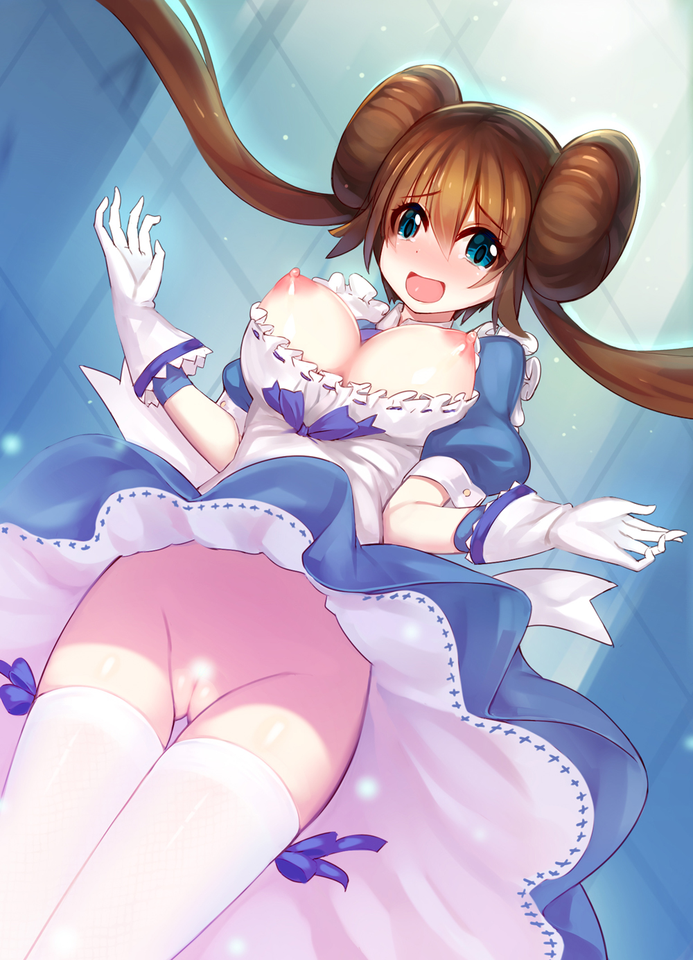 1girls, areolae, bad id, blue background, blue bow, blue dress, blue eyes, blush, bottomless, bow, breasts, breasts out, brown hair, double bun, dress, dutch angle, eyebrows visible through hair, female, female only, frills, gloves, hands up, highres, human, large breasts, long hair, looking at viewer, nintendo, nipples, no panties, open mouth, pokemon, pokemon bw2, pussy, ririko (zhuoyandesailaer), rosa (pokemon), short sleeves, smile, solo, standing, tears, thigh gap, thighhighs, tied hair, twintails, uncensored, upskirt, white gloves, white legwear, wind lift