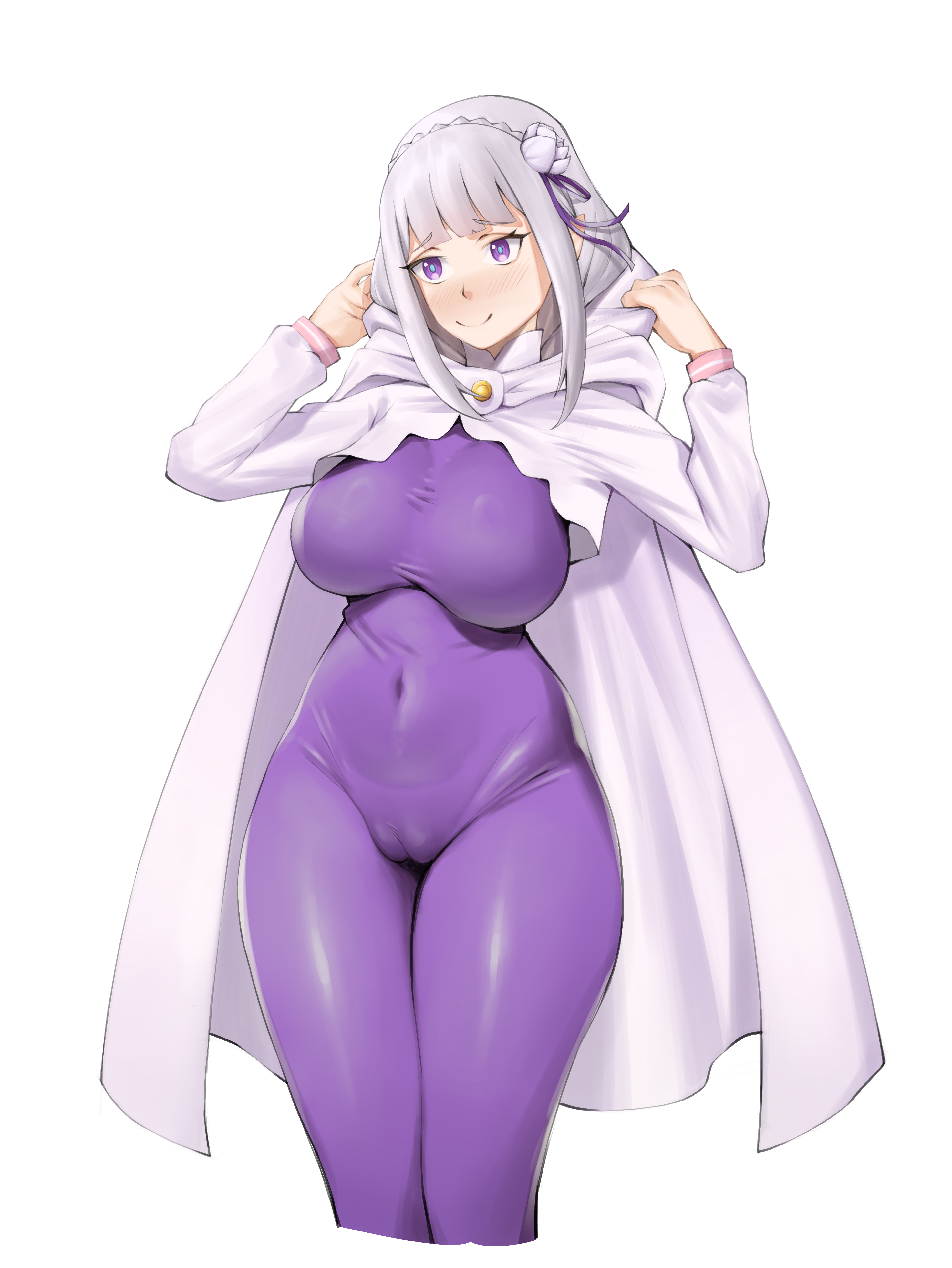 1girl, 1girls, bodysuit, braid, cameltoe, elf, elf ears, elf female, emilia (re:zero), hips wider than shoulders, jumpsuit, kmhidori, large breasts, purple eyes, re:zero kara hajimeru isekai seikatsu, silver hair, solo, standing, thick thighs, tight clothing, white background, white cloak