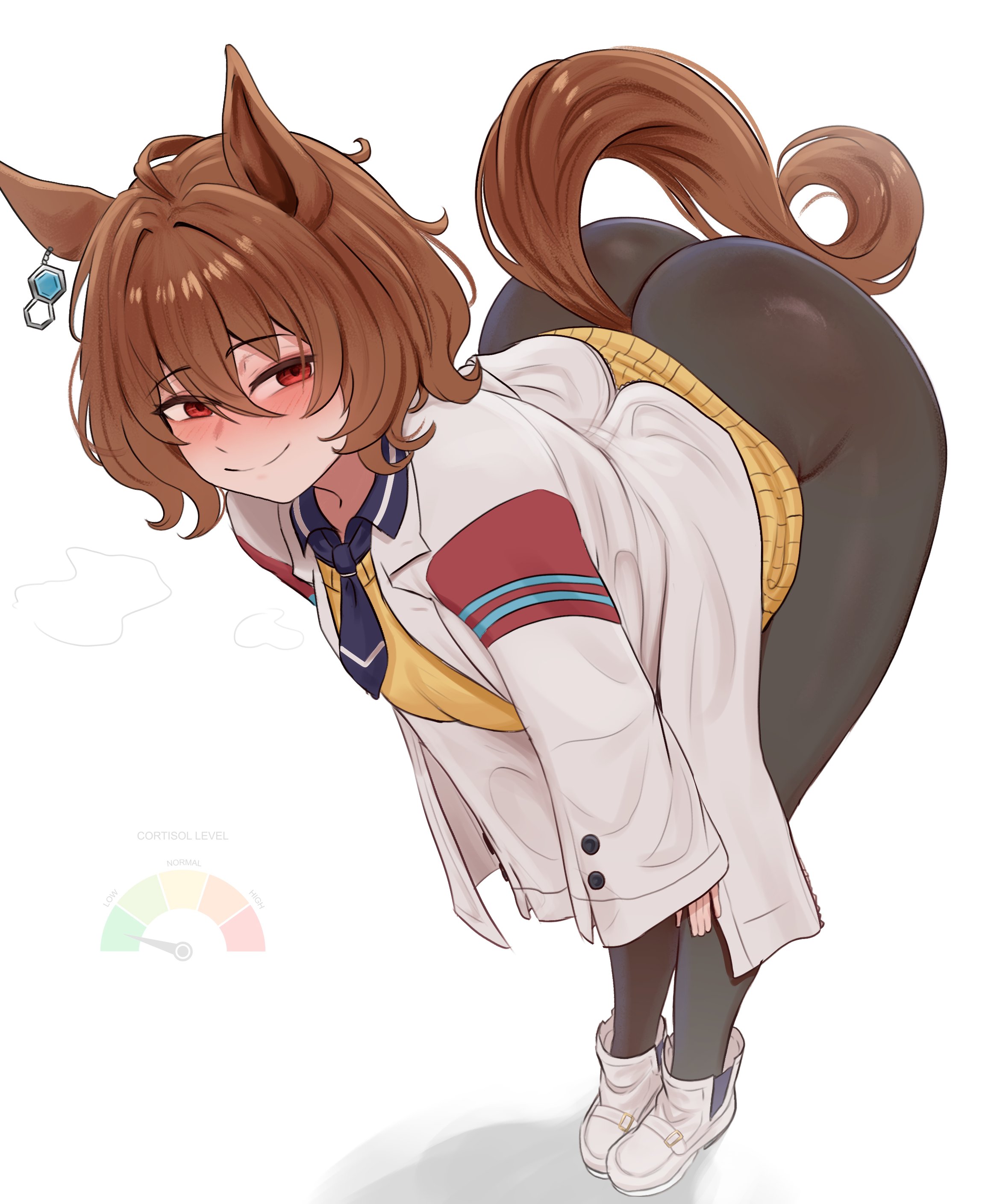 1girl, 1girls, absurdres, agnes tachyon (tach-nology) (umamusume), agnes tachyon (umamusume), ahoge, animal ears, ass, bent over, big ass, black pantyhose, blush, brikot, brown hair, coat, commentary, cortisol level (meme), earrings, english commentary, full body, hair between eyes, half-closed eyes, highres, horse ears, horse girl, horse tail, jewelry, lab coat, meme, necktie, nose blush, pantyhose, red eyes, shoes, short necktie, single earring, skin tight, sleeves past wrists, smile, solo, sweater, sweater vest, tail, umamusume, white coat, white shoes, wolf cut, yellow sweater, yellow sweater vest