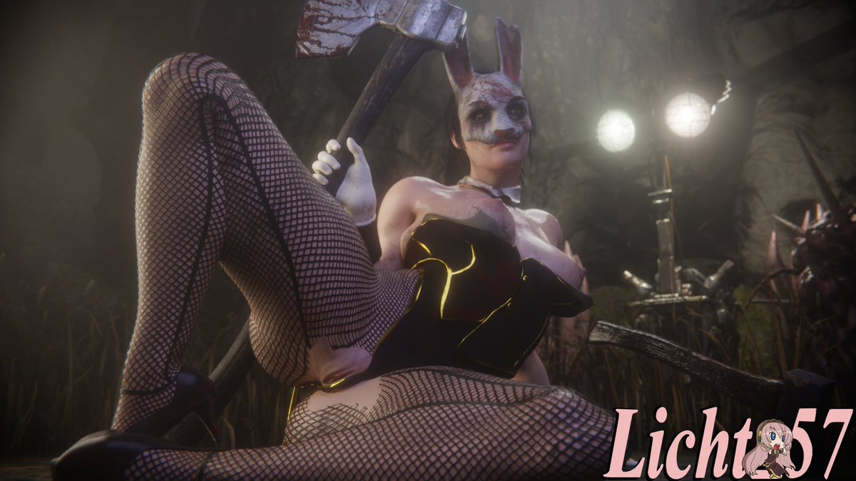 3d, anna (dead by daylight), black clothing, boobs, bunny mask, dbd, dead by daylight, fishnet legwear, holding axe, huntress (dead by daylight), licht 57, masked female, mommy, solo female, the huntress (dead by daylight), vagina