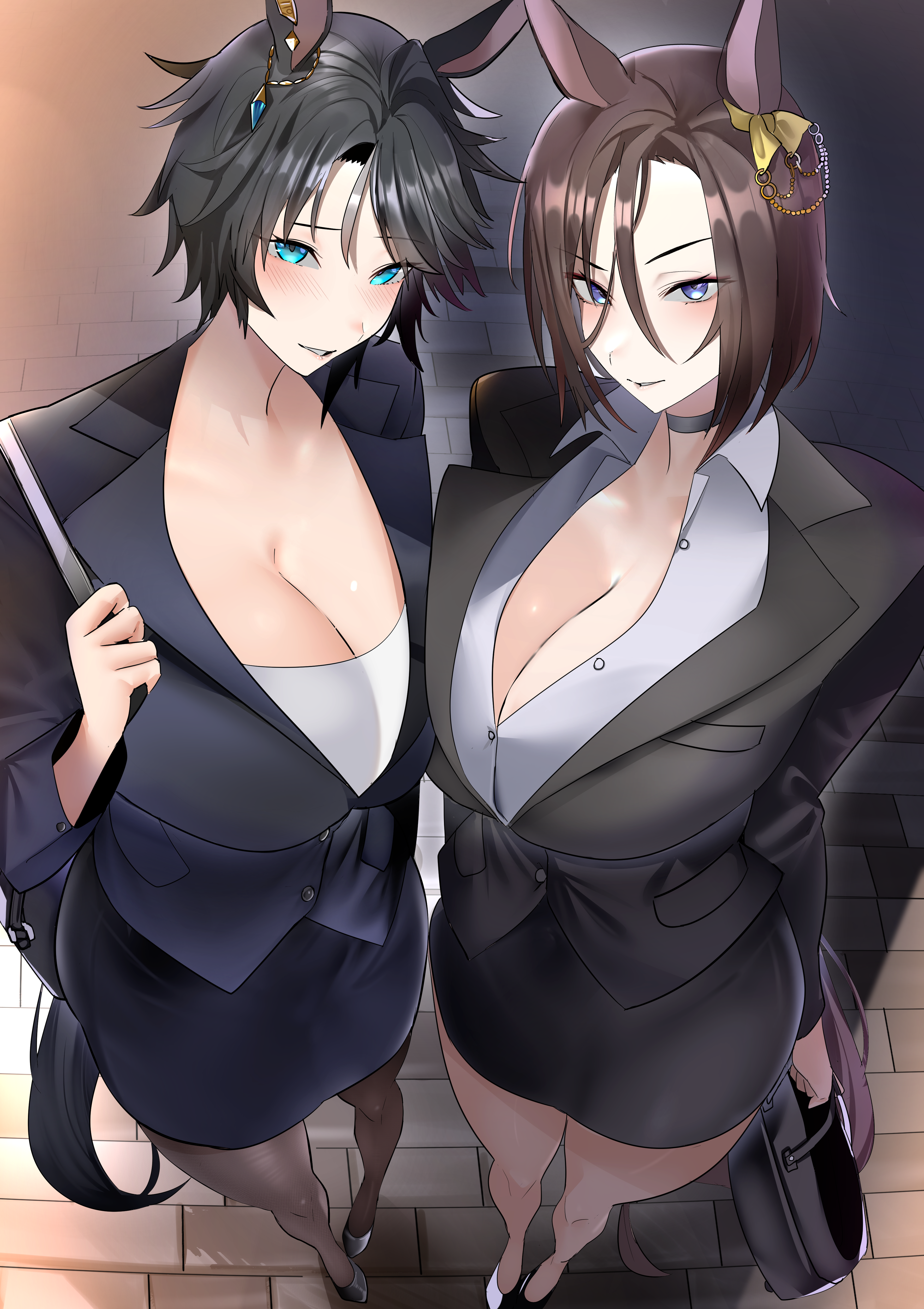 2girls, absurdres, air groove (umamusume), alternate costume, animal ears, breasts, business suit, cleavage, formal clothes, fuji kiseki (umamusume), highres, horse ears, horse girl, horse tail, jitome no tsugumi, large breasts, multiple girls, office lady, pantyhose, pencil skirt, skirt, suit, tail, umamusume