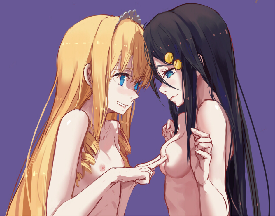 2girls amagi_brilliant_park blue_eyes breast_poke breasts company_connection crossover crown drill_hair female female_only flat_chest hfp~kubiao izumi_reina latifa_fleuranza long_hair multiple_girls musaigen_no_phantom_world poking profile purple_background simple_background small_breasts tiara topless