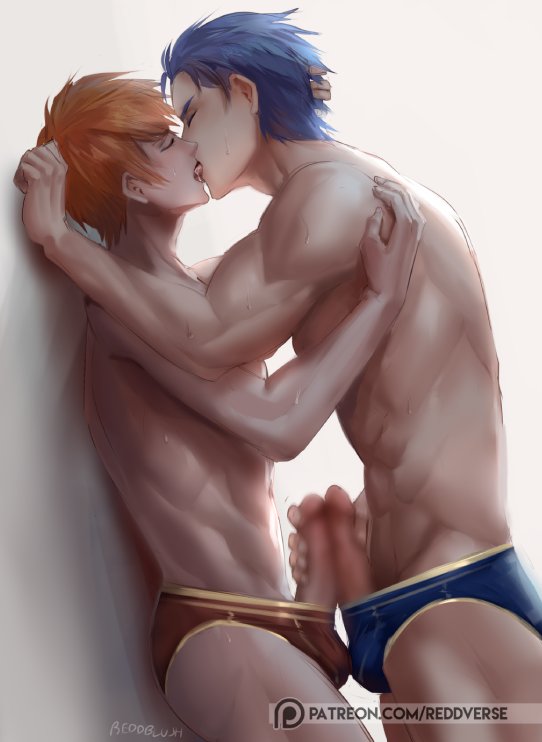 2boys, against wall, blue hair, blush, closed eyes, eliwood (fire emblem), erection, fire emblem, fire emblem: the blazing blade, french kissing, frottage, gay, handjob, hector (fire emblem), hugging, kissing, male, male focus, male only, motion blur, multiple boys, multiple males, nintendo, orange hair, penis, penis grab, penis size comparison, reddverse, short hair, standing, tongue, topless, underwear, yaoi