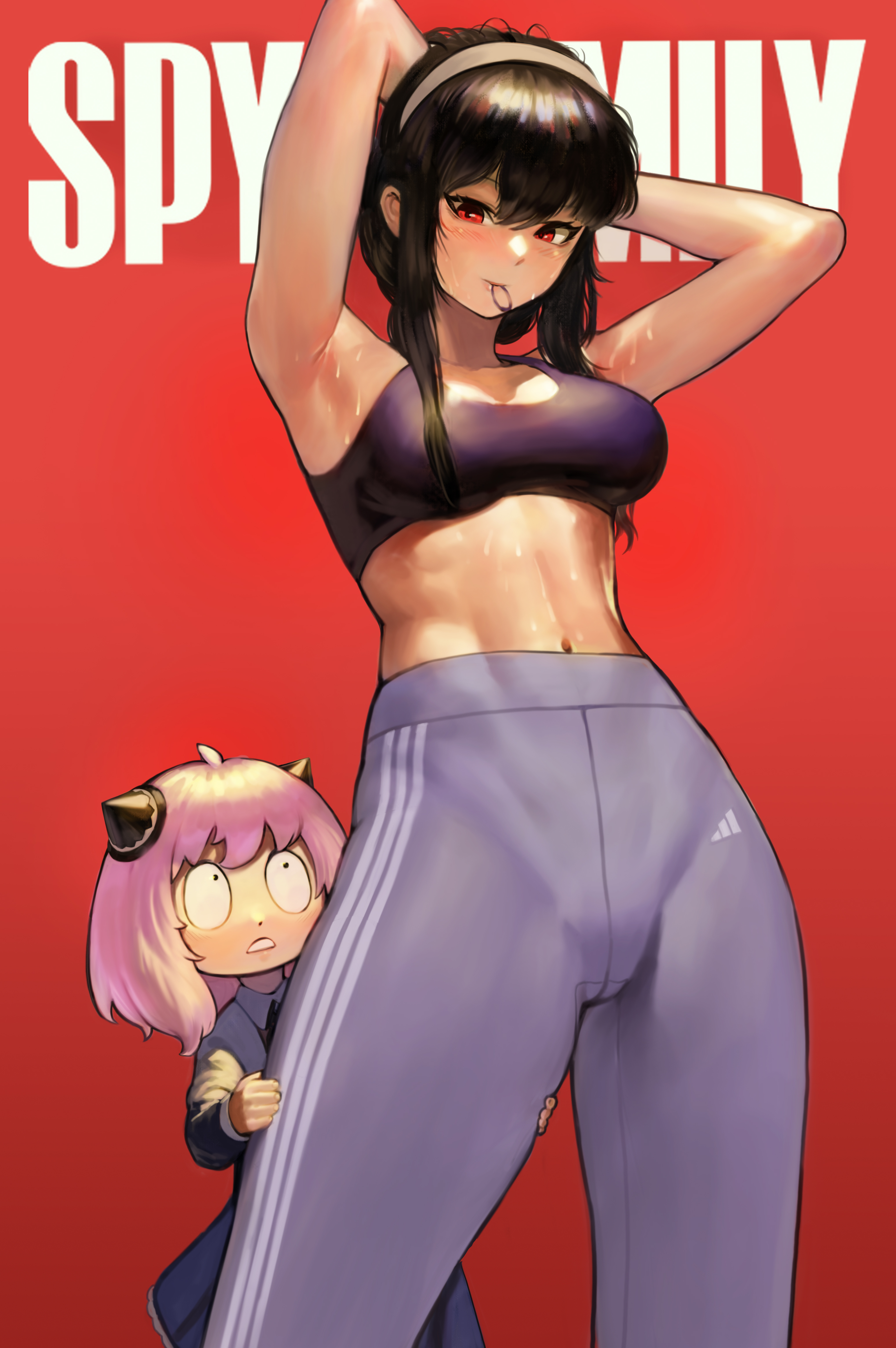 2girls, adopted daughter, adoptive mother, anya forger, big ass, big breasts, mr tangsuyuk, pink hair, red eyes, skintight clothing, sportwear, spy x family, sweat, sweating, yoga pants, yor briar, young milf