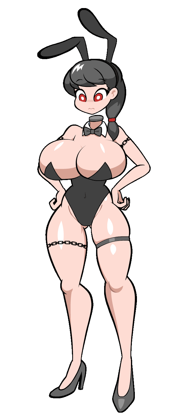 1girls, adjusting clothes, adjusting leotard, animated, black clothing, black footwear, black hair, black leotard, bouncing breasts, breasts, bunny ears, bunnysuit, bursting breasts, cleavage, clothing, curvy, detached head, dullahan, female, female only, full body, gif, high heels, highres, holding, large breasts, leotard, long hair, looking down, minus8, open mouth, original, original character, red eyes, shiny, shiny skin, solo, standing, teeth, thick thighs, thighs, transparent background, white pupils, wrist cuffs