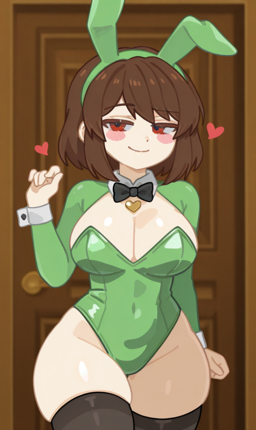 1girls, ai generated, big breasts, big hips, big thighs, boob window, boobies, boobs, breasts, bunny ears, bunnysuit, chara, chara (undertale), chubby, chubby female, female, female chara, heart locket, hearts, hearts around head, honeybunn14, thigh highs, thighhighs, thighs, tits, titties, undertale, undertale (series)