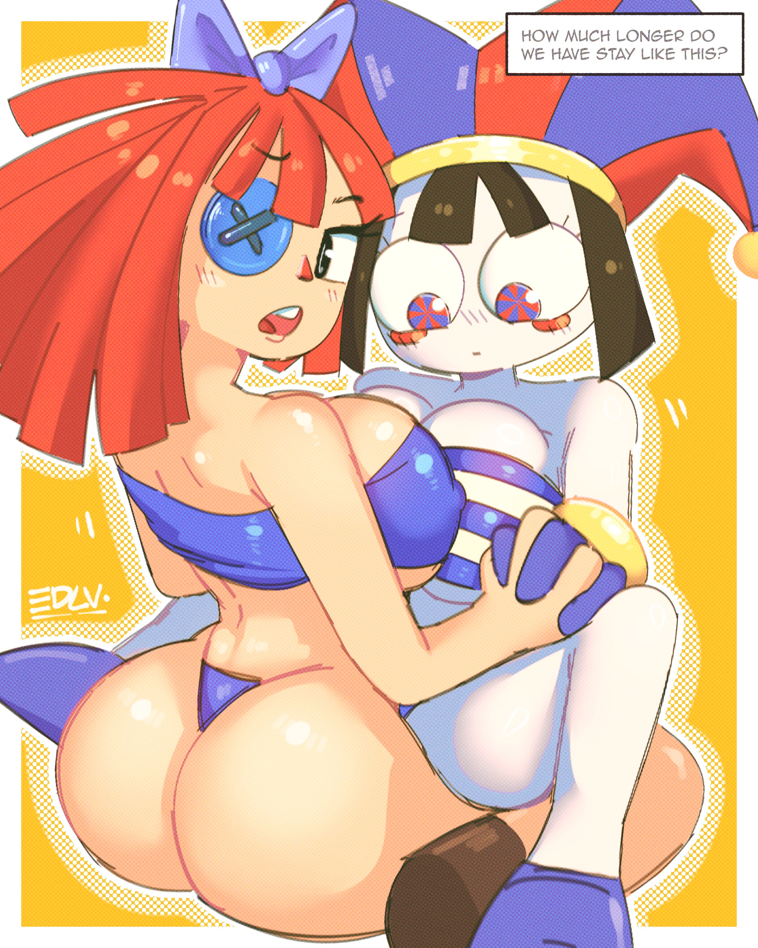 2025, 2girls, big ass, big breasts, bikini, blush, breasts touching, doll girl, edalv, edolov, glitch productions, gooseworx, holding hands, jester, jester girl, jester hat, large breasts, legs apart, pomni, pomni (beach outfit), pomni (tadc), pomni (the amazing digital circus), ragatha, ragatha (beach outfit), ragatha (tadc), ragatha (the amazing digital circus), ragdoll, tagme, the amazing digital circus, tube top, yuri