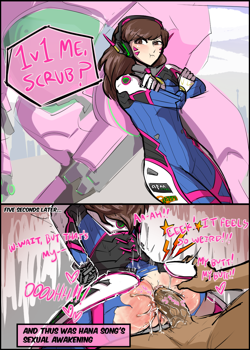 1boy 1girls 2koma anal anal_sex ass ass_grab bodysuit clothed_sex comic d.va dark-skinned_male dark_skin defeated english_text female ilikefrenchfrys instant_loss_2koma interracial male mecha meka overwatch pouting sequential sex sketch straight text torn_bodysuit torn_clothes