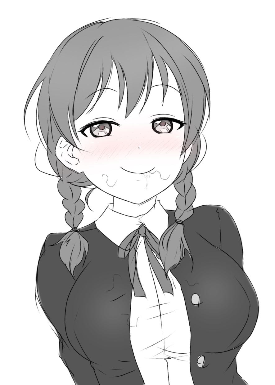 bedroom_eyes blush blushing braid breasts cum_in_mouth emma_verde female fully_clothed looking_at_viewer love_live! love_live!_school_idol_festival monochrome perfect_dream_project pubes smile smug smug_grin twin_braids twintails