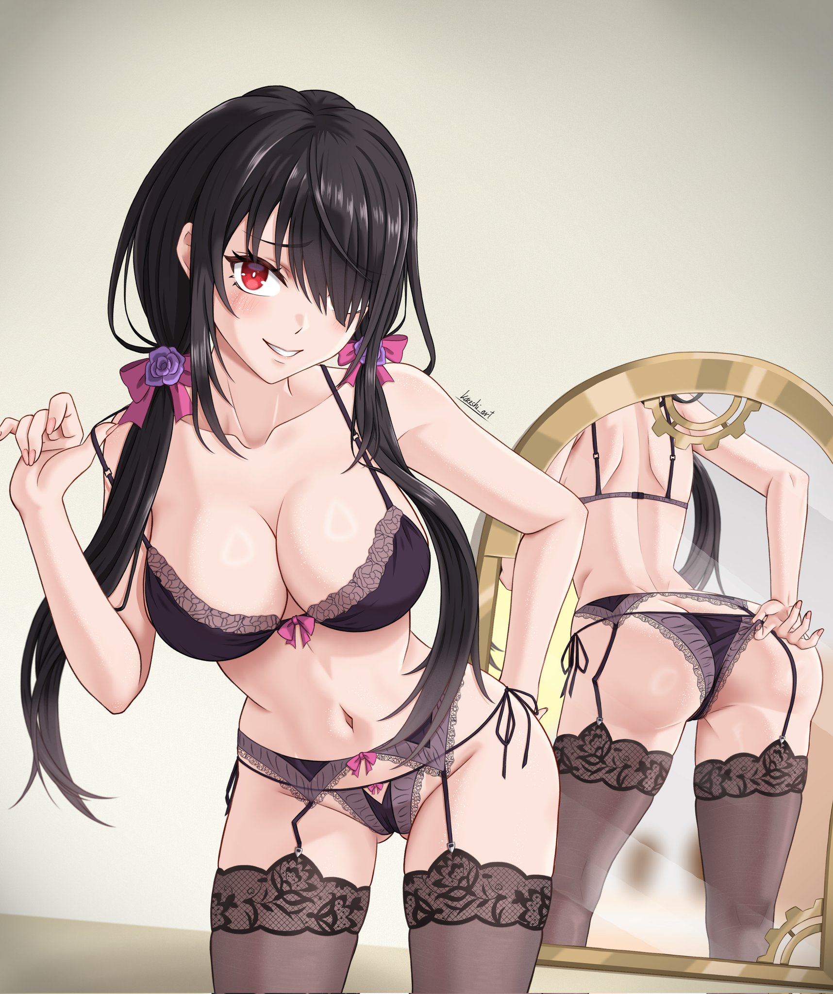 black hair, bra, breasts, date a live, gothic, kaceshi art, lace, legs, panties, red eyes, red ribbons, tokisaki kurumi, underwear, white skin