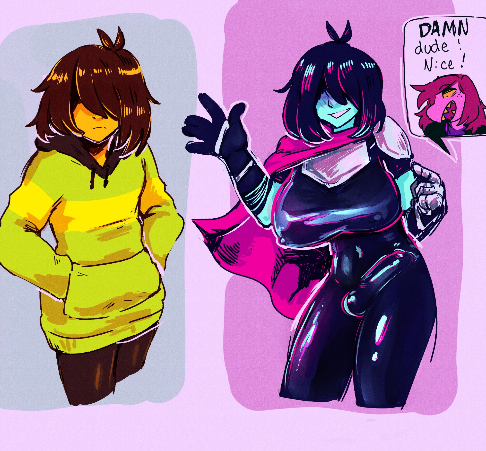 1futa, 1girls, 1nonbinary, 2026, 2d, 2d (artwork), 2d artwork, balls, before and after, big breasts, bodysuit, breast expansion, breast growth, breast growth (development), breasts, bulge, clothed, clothing, currentlytr ash, deltarune, dialog, dialogue, digital art, erection, female, full color, fully clothed, futanari, futanari transformation, huge breasts, human, kris (dark world form), kris (deltarune), kris female (deltarune), latex, male to futa, penis, standing, susie (deltarune), text, tight clothing, transformation