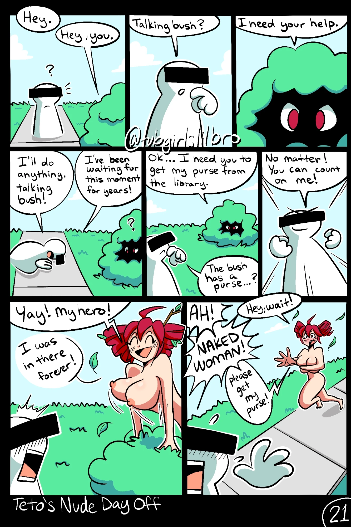 1boy, 1girls, absolutely nothing on, anonymous male, ass, barefoot, blush, blushing, breasts, breasts bigger than head, bush, classic enf pose, comic, completely naked, completely nude, completely nude female, covering, covering breasts, covering self, embarrassed, embarrassed nude female, enf, english text, exhibitionism, extreme exposure humiliation, female, female focus, full body, hanging breasts, hi res, hiding, hiding in bushes, highres, huge breasts, humiliation, kasane teto, naked, naked female, nude, nude female, page 21, public, public exposure, public humiliation, public indecency, public nudity, red hair, scared, scared expression, swinging breasts, synthesizer v, tagme, text, text bubble, thick thighs, tubgirlslilbro, twig in hair, unintentional exhibitionism, utau, vocaloid