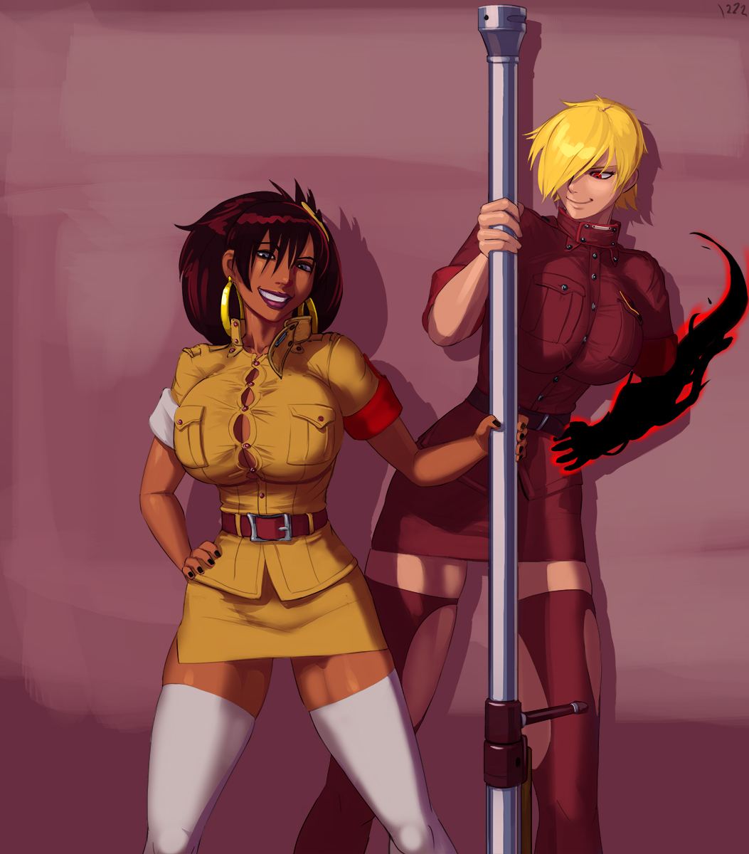 2girls aka6 big_breasts blonde_hair blue_eyes body_bags breasts brown_hair busty cleavage crossover dark-skinned_female dark_skin earrings female female_only hellsing hellsing_ultimate hoop_earrings hourglass_figure huge_breasts large_breasts panda_delgado pole red_eyes seras_victoria seras_victoria_(cosplay) smile smiling stripper_pole tagme thick_thighs thighhighs vampire voluptuous