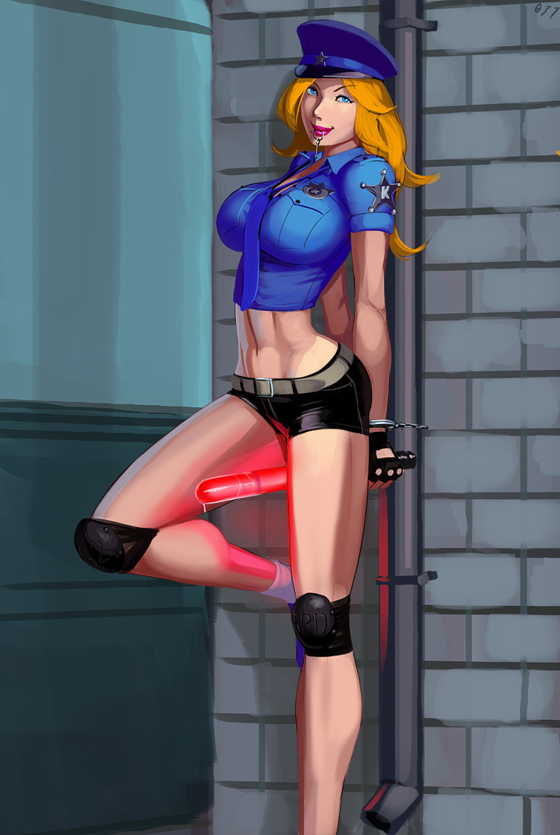 1girls 2d 2d_(artwork) aka6 baton big_breasts black_fingerless_gloves black_kneepads black_shorts blonde_female blonde_hair blonde_hair_female blue_crop_top blue_eyes blue_eyes_female blue_necktie blue_shoes bondage bound bound_wrists breasts brick_wall bright_baton bust-a-groove cropped_shirt digital_media_(artwork) female female_only fingerless_gloves foot_against_wall handcuffed_together handcuffs happy_female happy_sub kelly_(bust-a-groove) key key_in_mouth knee_pads kneepads light-skinned_female light_skin long_hair looking_at_viewer midriff navel pipe police police_baton police_hat police_uniform policewoman saliva self_bondage short_shorts short_sleeved_shirt short_sleeves smile smiling smiling_at_viewer solo solo_female video_game_character video_game_franchise white_socks willing_sub