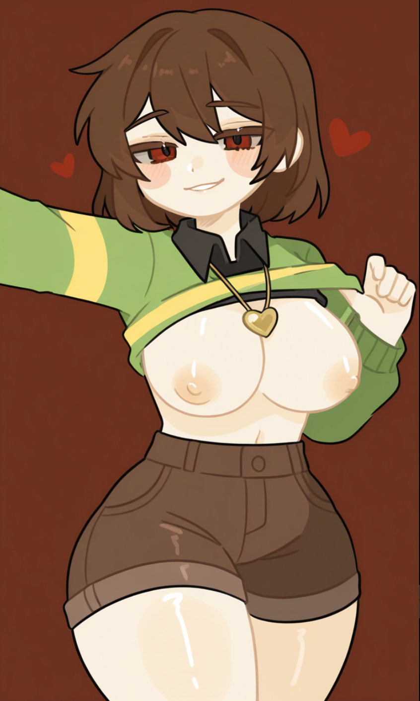 1girls, ai generated, big boob, big breasts, big hips, big thighs, big tits, boobies, boobs, boobs out, breasts, breasts out, chara, chara (undertale), curvy, curvy female, curvy figure, hearts, hearts around head, hips, honeybunn14, seductive, seductive eyes, seductive look, seductive smile, shirt lift, shirt pull, shirt up, showing breasts, showing off, showing off breasts, thighs, tits, tits out, titties, undertale