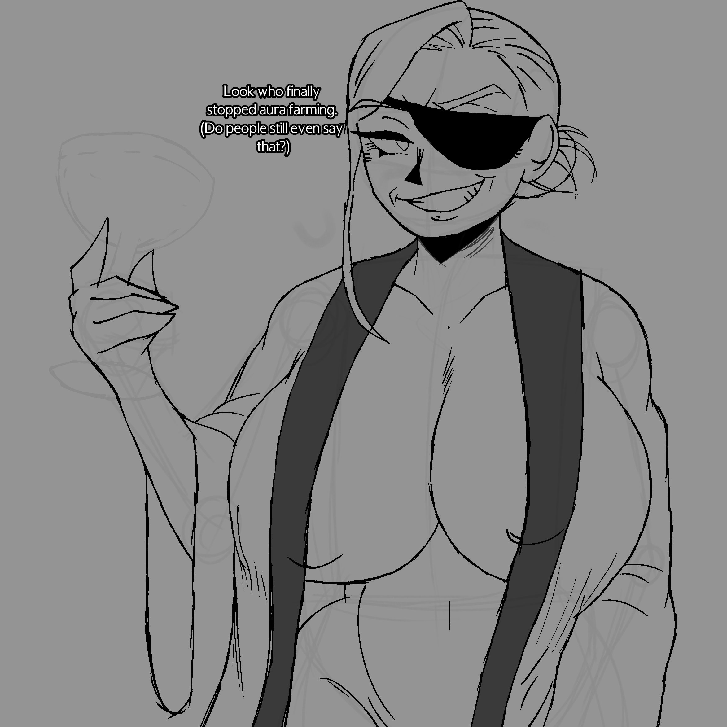 1girls, big breasts, breasts, clothing, dialogue, eyepatch, female, female focus, female only, gilf, granny, jujutsu kaisen, jujutsu kaisen modulo, kimono, kugisaki nobara, kugisaki nobara (gilf), no panties, older female, ponytail, robe, smile, solo, solo female, solo focus, tesso drawn, unfinished, wine glass, wip