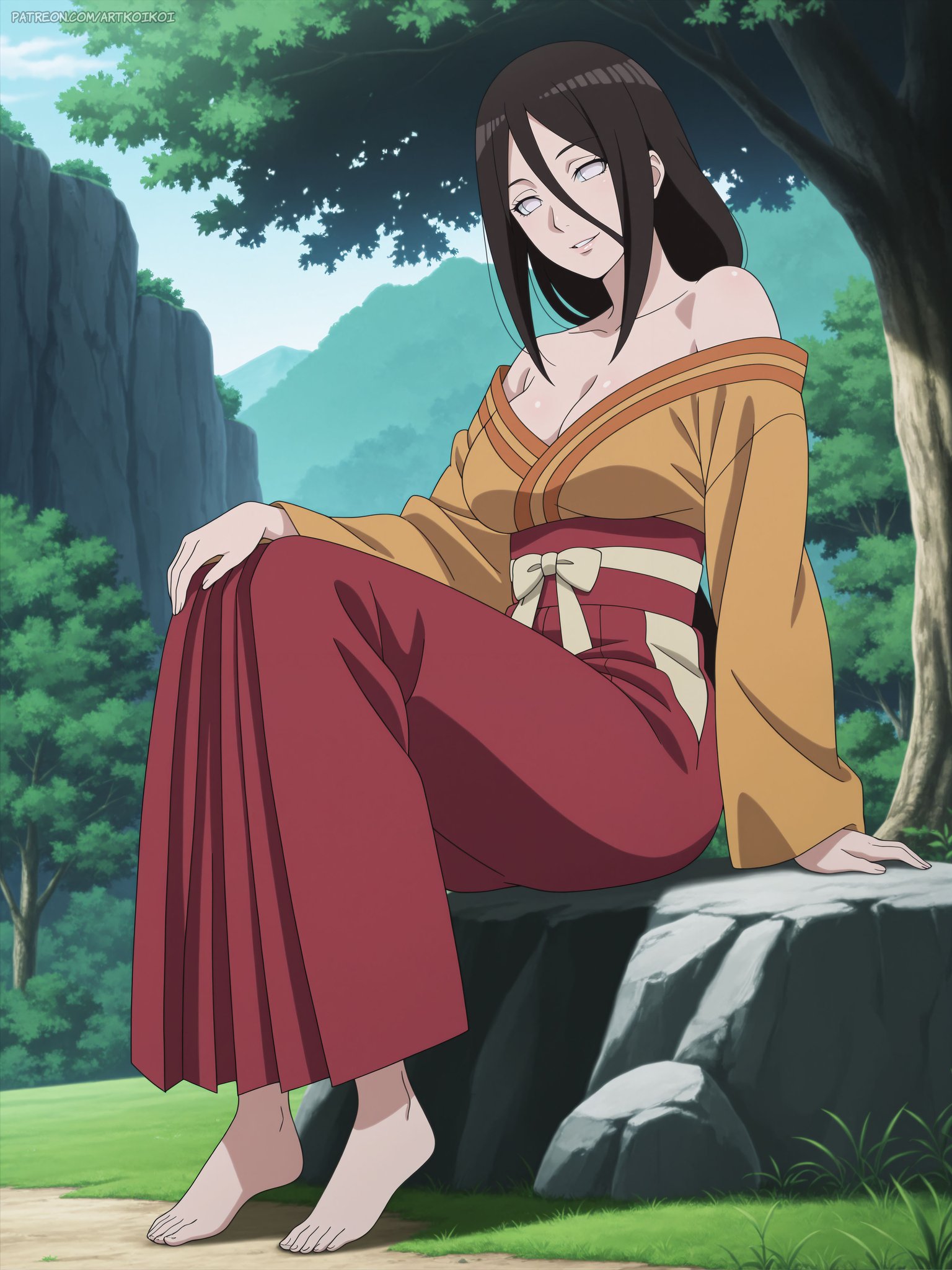 , 1girls, ai generated, arms at sides, artkoikoi, bare chest, bare legs, bare shoulders, bare thighs, barefoot, belt, big breasts, blush, boruto: naruto next generations, breasts, brown hair, busty, clothed female, clothing, curvaceous, feet, female, female only, front view, full body, huge breasts, hyuuga hanabi, kimono, legs together, long hair, looking at viewer, low ponytail, low-tied long hair, naruto, naruto (series), no bra, no bra under clothes, nose blush, obi, off shoulder, open clothes, open kimono, oppai, outdoors, pink lips, pinup, plain background, pupilless eyes, revealing clothes, ribbon, rock, sash, sitting, skimpy, skimpy clothes, skindentation, skirt, smooth skin, solo, solo focus, thick thighs, thighs, upper body, very long hair, violet eyes, voluptuous, watermark, wide hips, wide sleeves, yukata