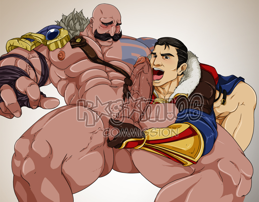 2boys, abs, annoying watermark, bald, balls, bara, black hair, bottomless, braum, caressing balls, cock hungry, erect nipples, erection, facial hair, fellatio, gay, holding penis, huge balls, huge cock, imminent penetration, jayce talis, kagami06, league of legends, male, male focus, male only, mouth open, multiple boys, multiple males, muscles, mustache, nipples, pecs, penis, size difference, tattoos, testicles, thick thighs, tongue, tongue out, veiny muscles, veiny penis, yaoi