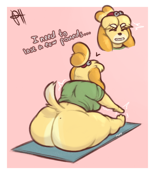 animal_crossing anthro bell bottomless canid canine canis clothing domestic_dog female isabelle_(animal_crossing) mammal nintendo perfecthorizon shih_tzu shirt solo solo_topwear stretching t-shirt topwear toy_dog yoga yoga_mat