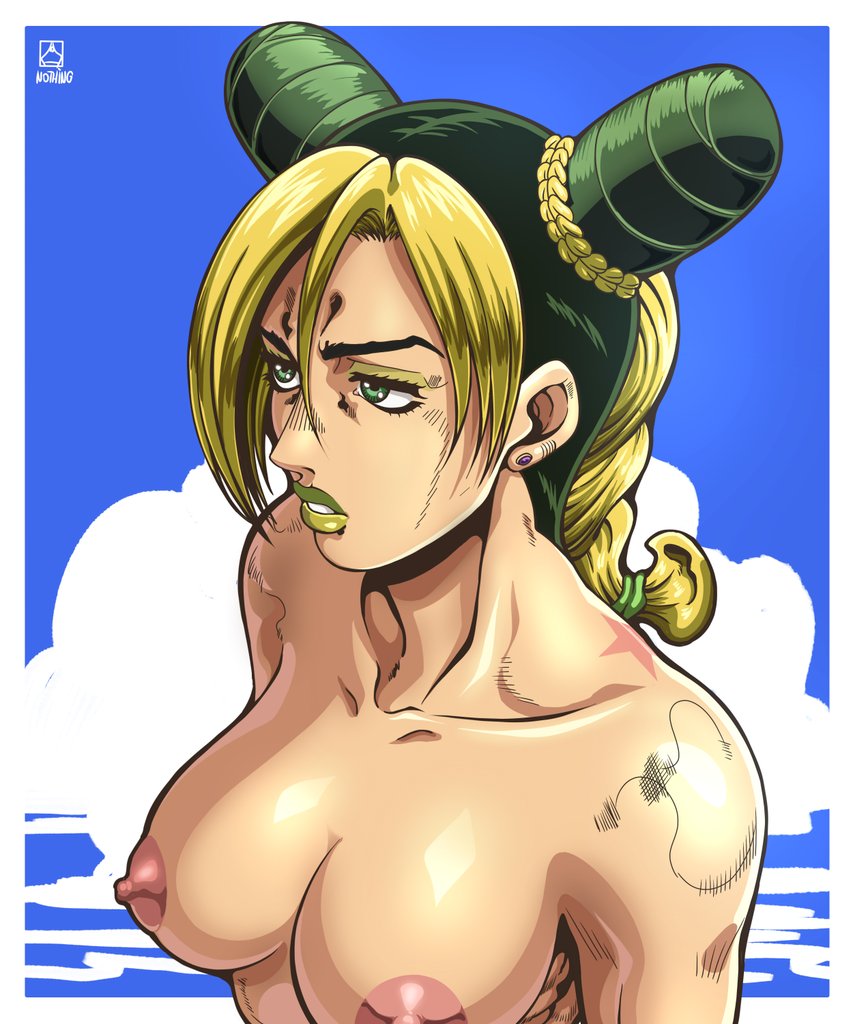 1girls 2d anime_style beach blank_eyes blue_sky bored bored_expression breasts breasts_out cloud collarbone earrings female green_eyes green_eyeshadow green_hair green_lips green_lipstick hair_ribbon joestar_birthmark jojo's_bizarre_adventure jolyne_kujo large_breasts lips lipstick makeup multicolored_hair muscular muscular_female new_epic_artist nipples nude nude_female one_color_background pale-skinned_female pale_skin pink_nipples ponytail reflective_body reflective_skin simple_background sky stone_ocean toned toned_female topless yellow_eyeshadow yellow_hair