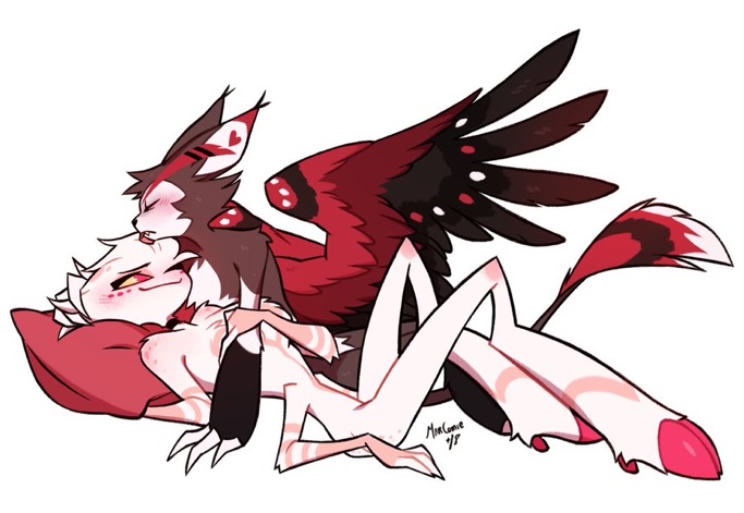 2boys aftercare angel_dust_(hazbin_hotel) anthro blush cuddling furry hazbin_hotel husk_(hazbin_hotel) licking licking_face lying male/male tail white_background wings yaoi