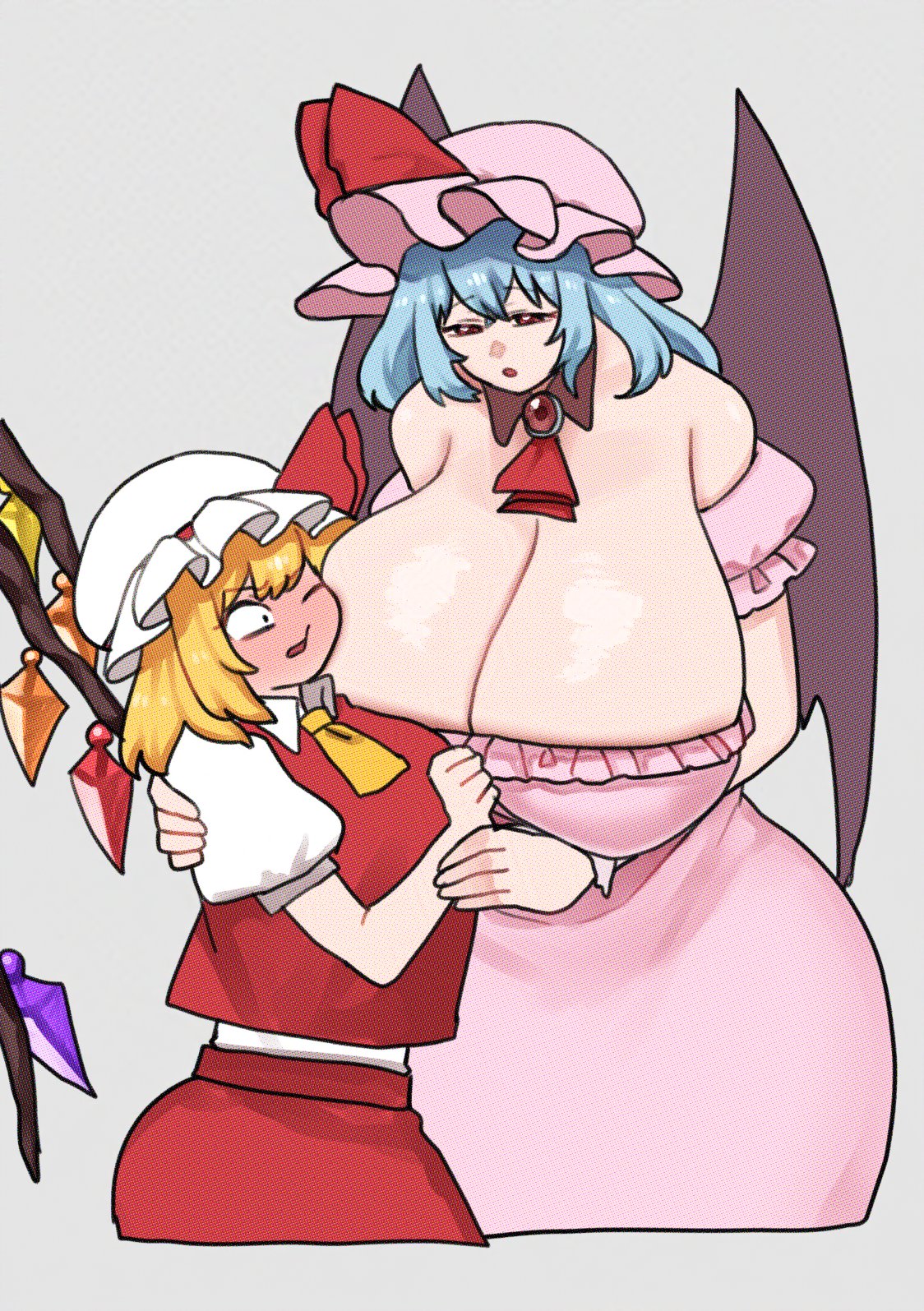 2girls big_breasts bigger_female blonde_female blonde_hair blue_hair blue_hair_female blush boobs_bigger_than_head breasts breasts_bigger_than_head clothed clothed_female clothing dobolonge female flandre_scarlet fully_clothed height_difference huge_breasts humanoid implied_incest incest larger_female light-skinned_female light_skin remilia_scarlet sister sisters size_difference thighhighs thighs touhou touhou_project vampire vampire_girl