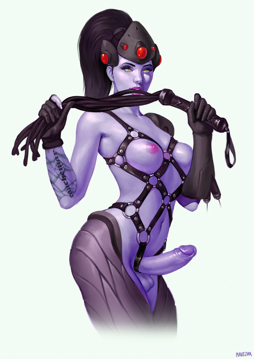 1futa, areolae, balls, breasts, dark skin, dark-skinned futa, erect nipples, erection, futa only, futanari, intersex, looking at viewer, mavezar, nipples, nude, overwatch, penis, small breasts, solo, solo futa, testicles, widowmaker