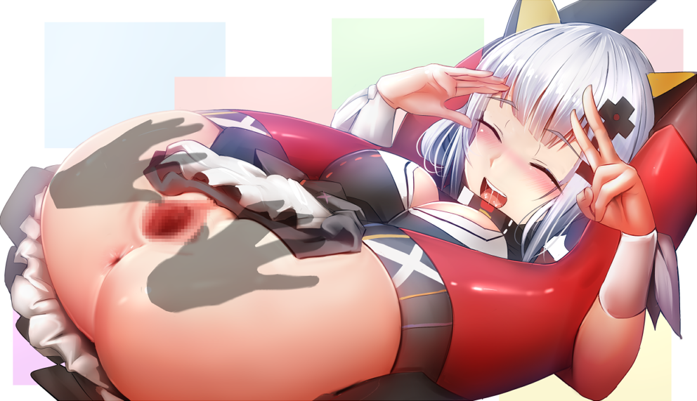 :d anus ass blush breasts censored closed_eyes disembodied_limb eyebrows_visible_through_hair female folded ginhaha kaguya_luna kaguya_luna_(character) legs_behind_head medium_breasts mosaic_censoring no_panties open_mouth pussy silver_hair smile solo_focus spread_pussy the_moon_studio v virtual_youtuber