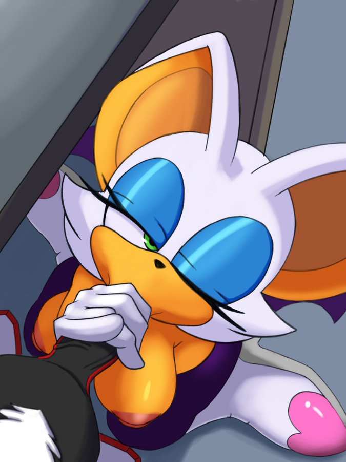 anthro, bat, blowjob, blowjob face, breasts, clothing, fellatio, female, green eyes, hedgehog, holding penis, large breasts, makeup, male, mammal, nipples, offscreen character, one eye closed, oral, penetration, penis, pliica 22, pov, rouge the bat, sega, sex, shadow the hedgehog, sonic (series), sonic the hedgehog (series), squatting, wings