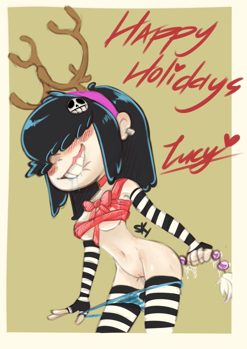 1girls, antlers, big breasts, breasts, christmas, female, goth, goth girl, lucy loud, partially nude, ribbons, the loud house, thenevygamer30