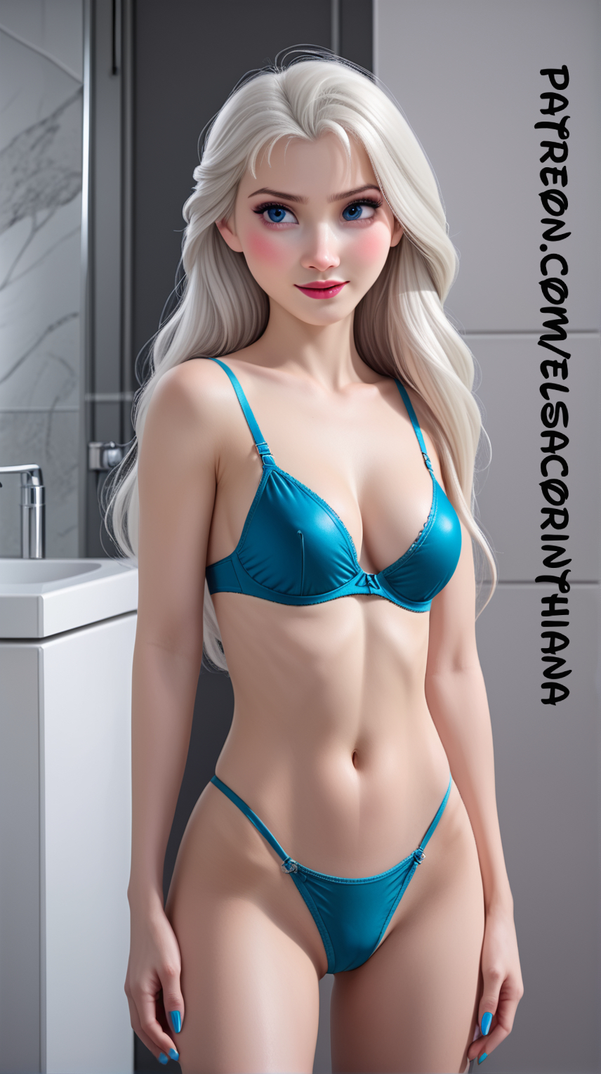 1woman ai_generated beach blonde_hair blue_bra blue_eyes blue_panties bra disney elsa elsa_(frozen) elsacorinthiana female frozen_(film) panties patreon patreon_link photograph posing_for_picture realistic semi_nude