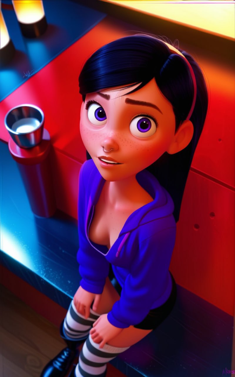 1girls, ai generated, club, female, female only, human, meat master, solo, the incredibles, violet parr
