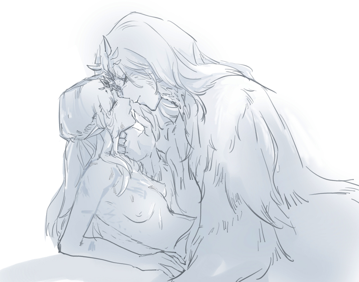 breasts, company captain yorshka, crossbreed priscilla, dark souls, dark souls 3, dragon, dragon girl, female, fromsoftware, fur, horn, horns, incest, kissing, long hair, monochrome, monster girl, mother and daughter, nude, petite, pointy ears, scales, shroommob, size difference, small breasts, yuri