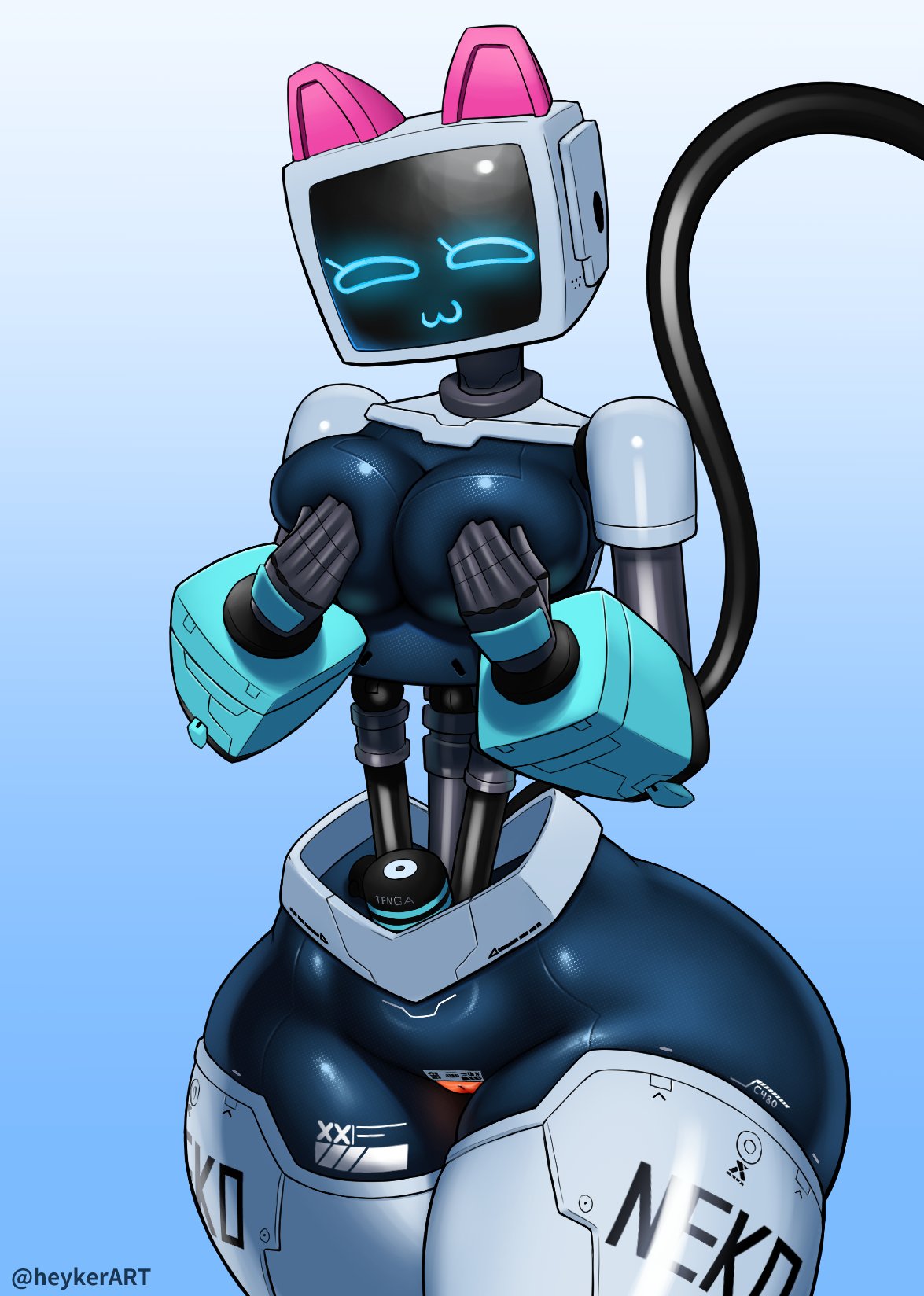 :3, breasts, cat ears, covered nipples, female, heykerart, holding breast, jackfrostplamo, neko robo, robot, robot catgirl, robot girl, screen face, small breasts, tagme, thick thighs, tube waist, tv head