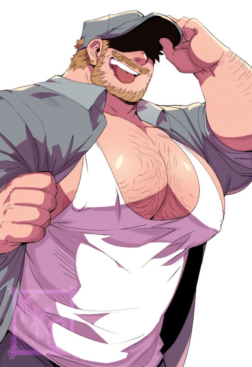 big_breasts ear_piercing hairy_chest kokukokuboo male_only muscular tank_top tongue_out unknown_source