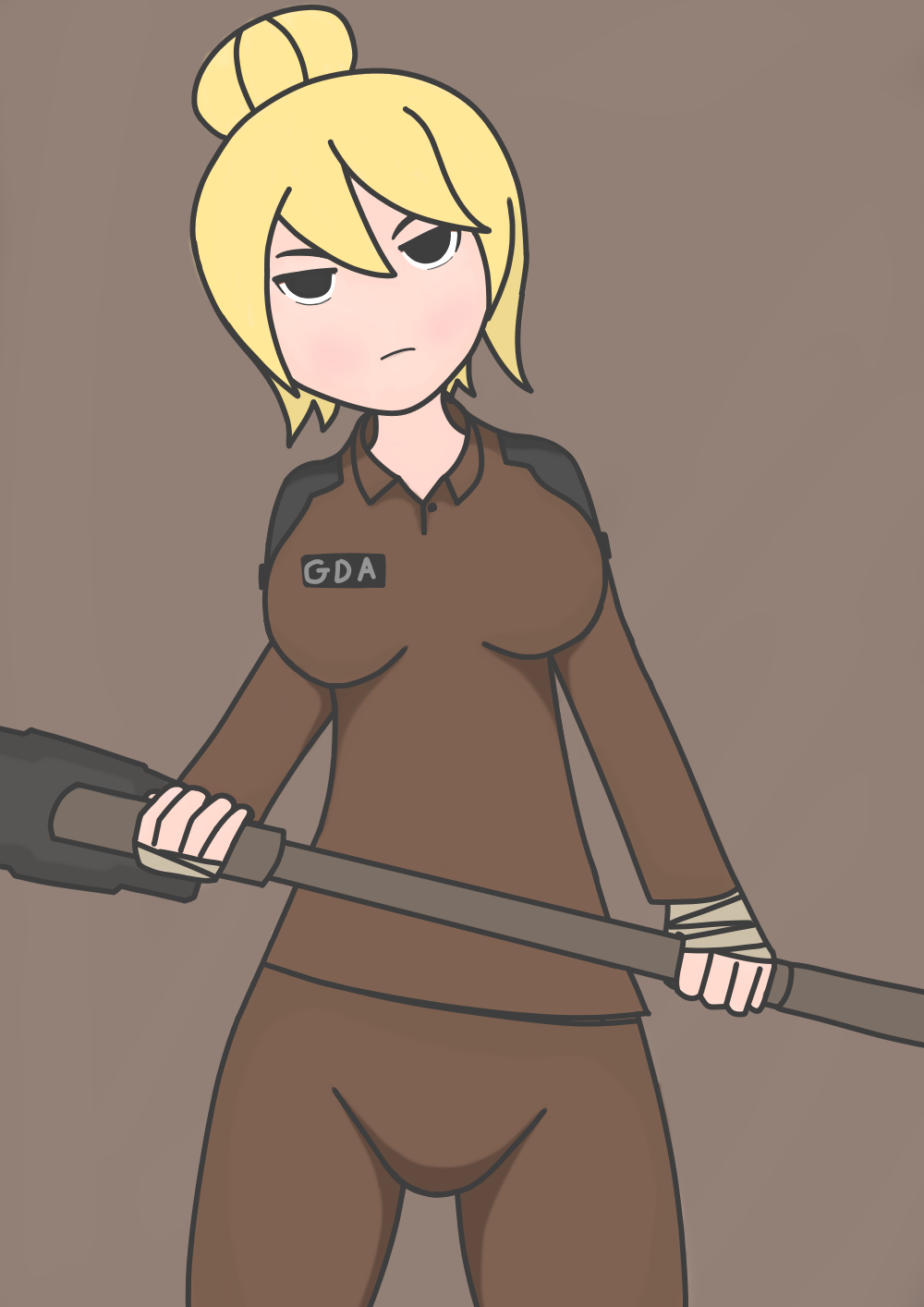 1girl 1girls alternate_version_available blonde_hair breasts brown_pants brown_shirt clothed clothed_female clothing english english_text female female_only hair_bun looking_at_viewer pants roblox roblox_game robloxian shirt short_hair slammer_(tower_defense_x) sledgehammer tagme tnt5566th tower_defense_x uninterested